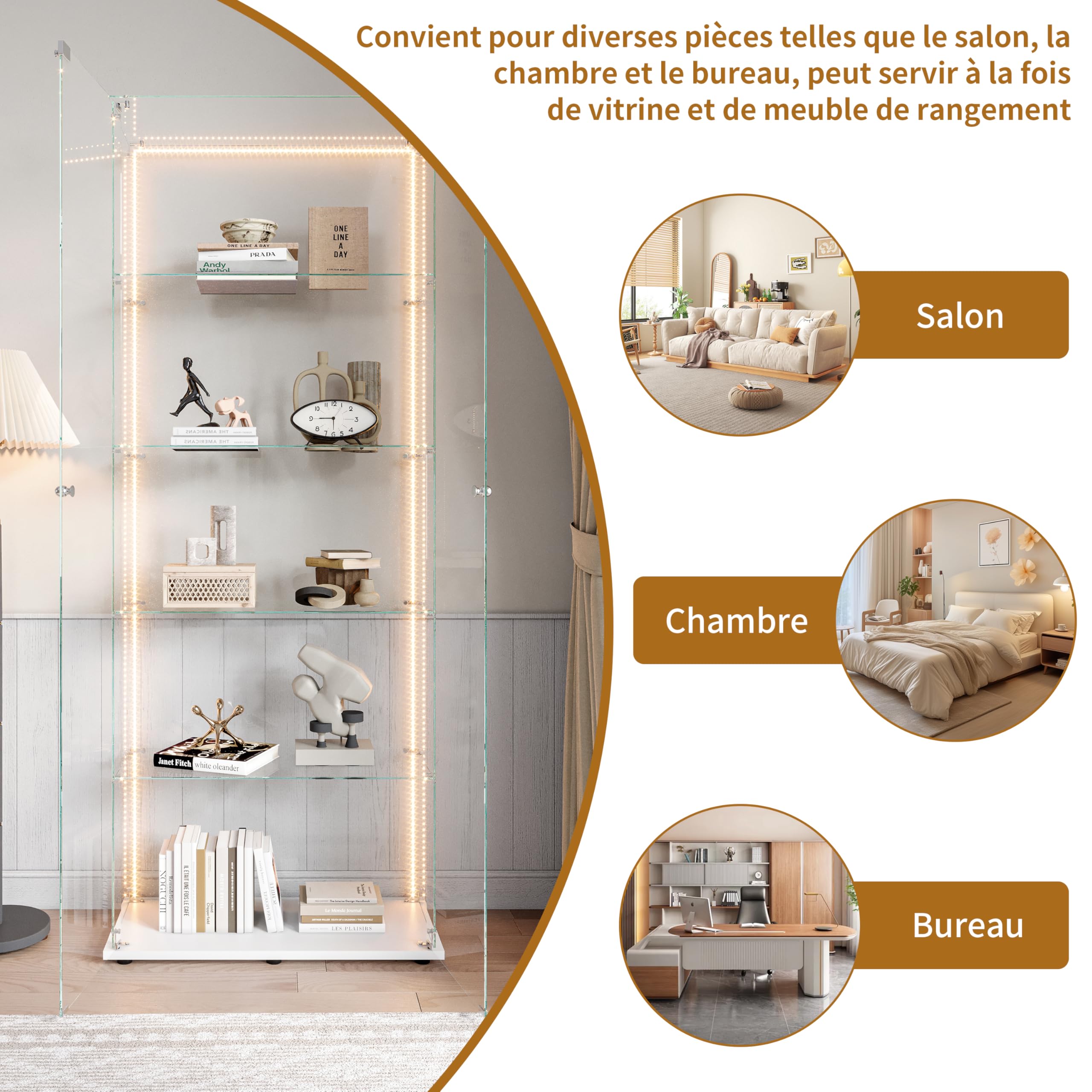 Vitrina de Cristal Expositor con LED y Cerradura, Vitrinas de pie de Cristal con 5 Estantes Ajustables y 2 Puertas, Armario Vitrina Moderne para Colección Armario de Pie de Cristal(Blanco,81x37x183)