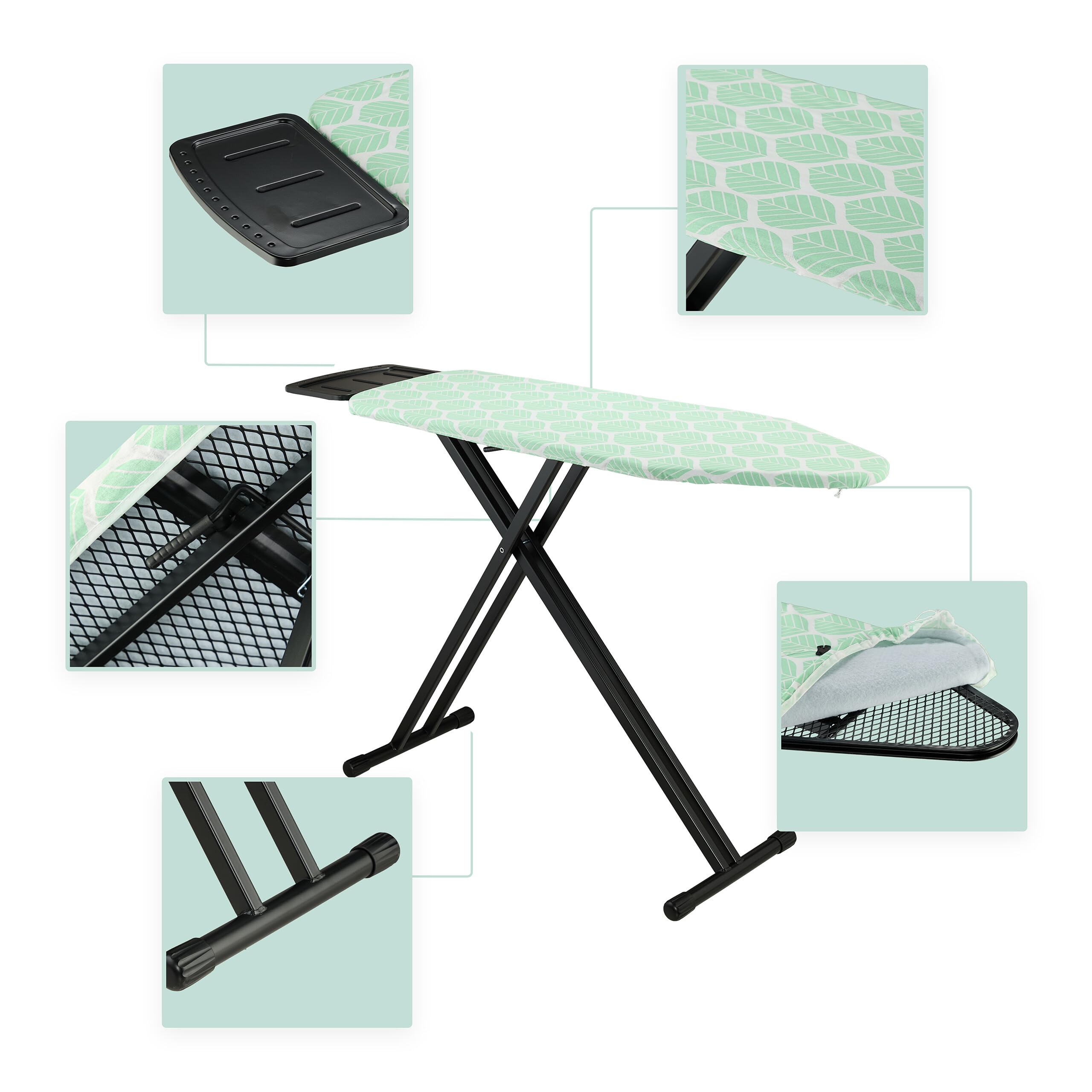 Relaxdays ASSE da Stiro Pieghevole, Tavolo Ferro a Vapore, Piano per Stirare Salvaspazio 123x39 cm,Copriasse, Verde Nero