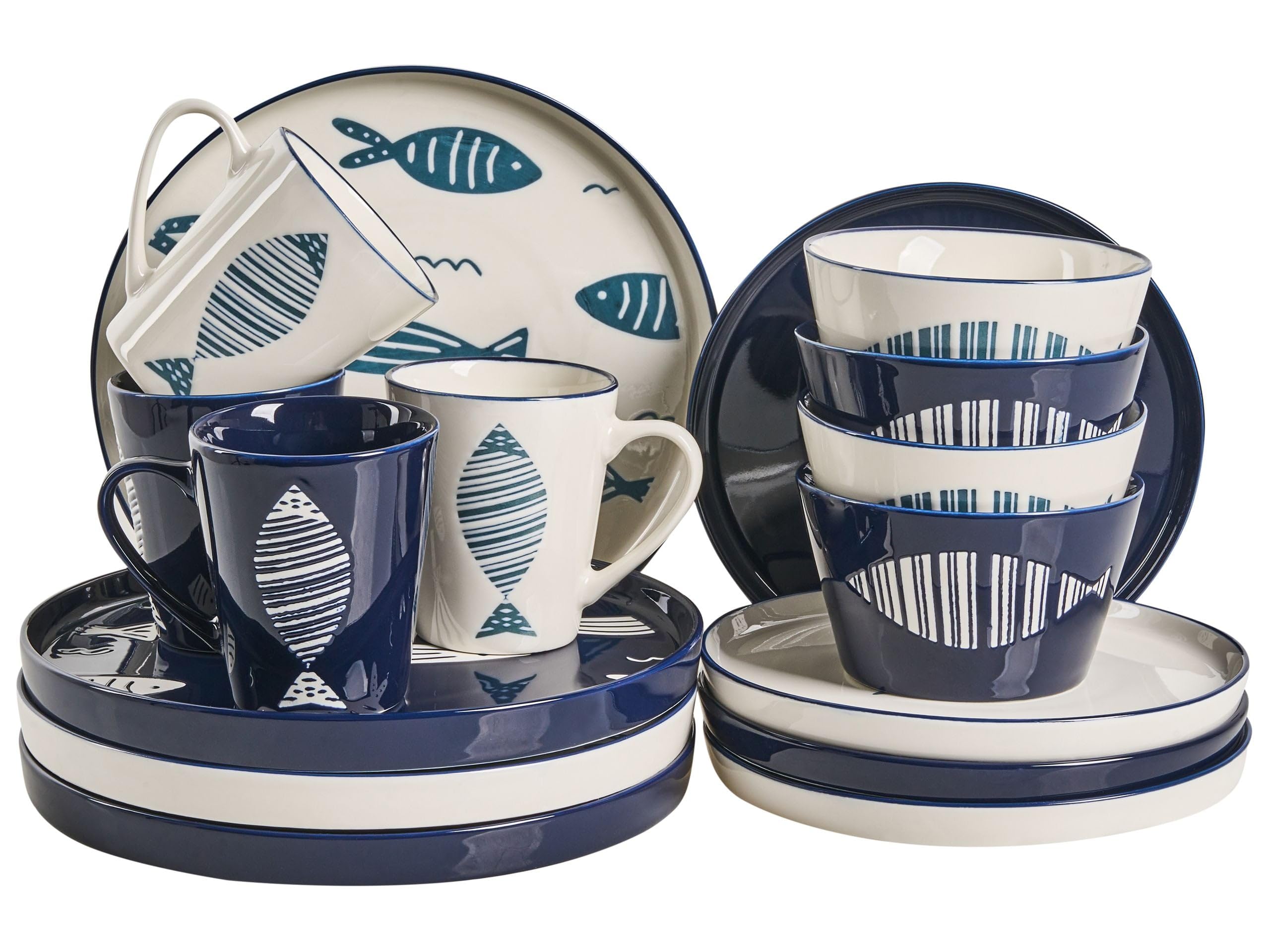 Tafelservice 16-teilig Porzellan weiß/blau Fischmotiv Geschirrset Tamarind