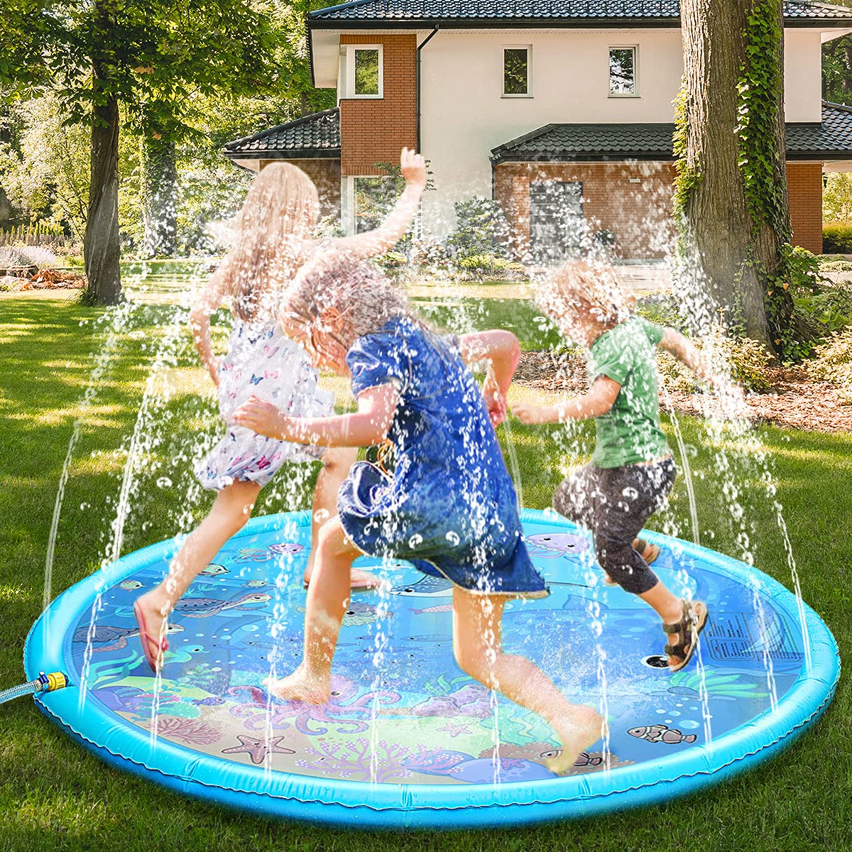 Fostoy Sprinkler and Splash Pad, 68" Sprinkle Splash Play Mat for kids, Anti-Slip Summer Essential Spray Toys and Outdoor Garden Family Activities for Children Toddlers