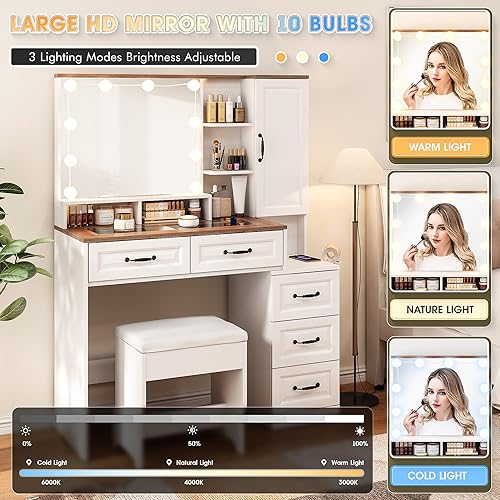 Miniatura 3 de Vabches Escritorio de maquillaje con luces y espejo, juego de mesa de tocador marrón con estación de carga, tocador superior de vidrio con luces
