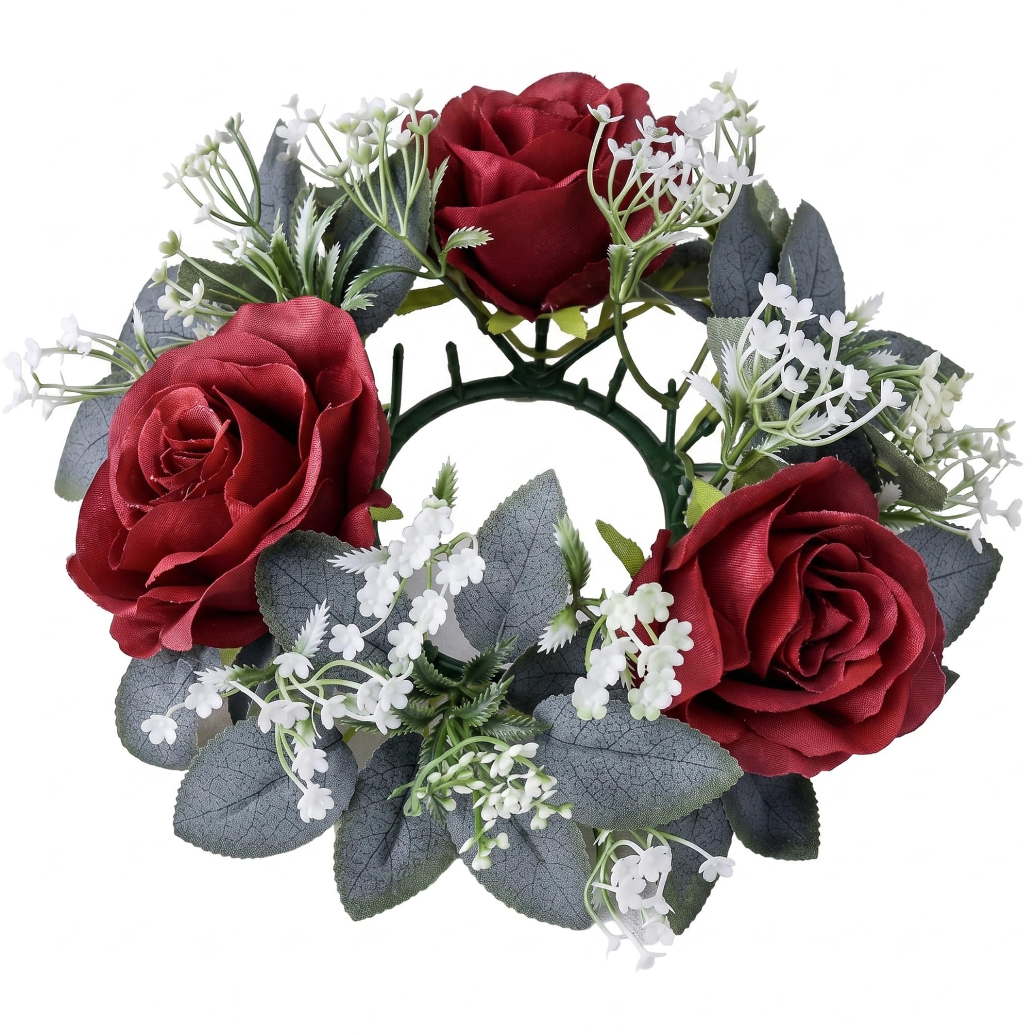 Tsawntd Candle Rings, Exquisite Candle Rings Wreaths with Artificial Roses & Greenery, Centerpieces for Tables for Wedding Home Decor (Red) Small Wreath Garland
