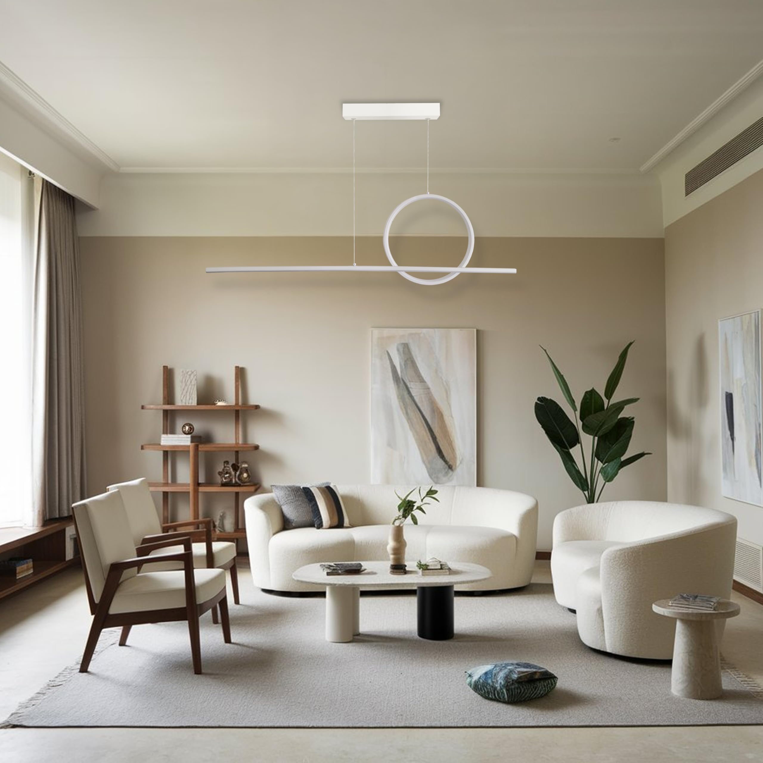 MAKA Lampadario a Sospensione LED Soggiorno, Lampada Cambio Temperatura Luce Calda-Naturale-Fredda, Design Forme Geometriche, 48 Watt 5280 Lumen, 220 Volt, Lampadario Camera da Letto (Cerchio)