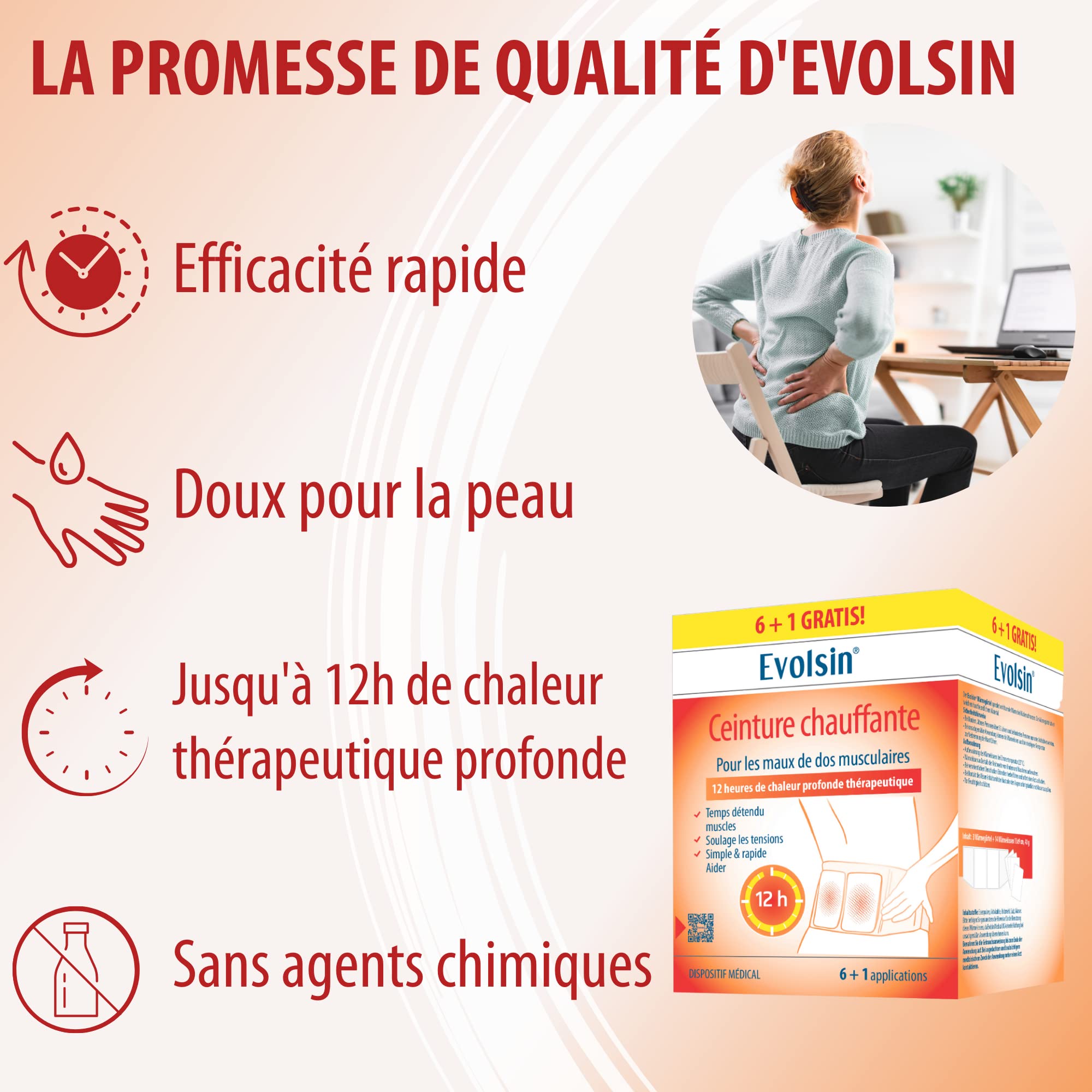 Evolsin - Ceinture chauffante médicale pour le traitement des douleurs musculaires du dos - 12h de chaleur thérapeutique profonde pour détendre et relâcher les muscles (6 + 1 applications)