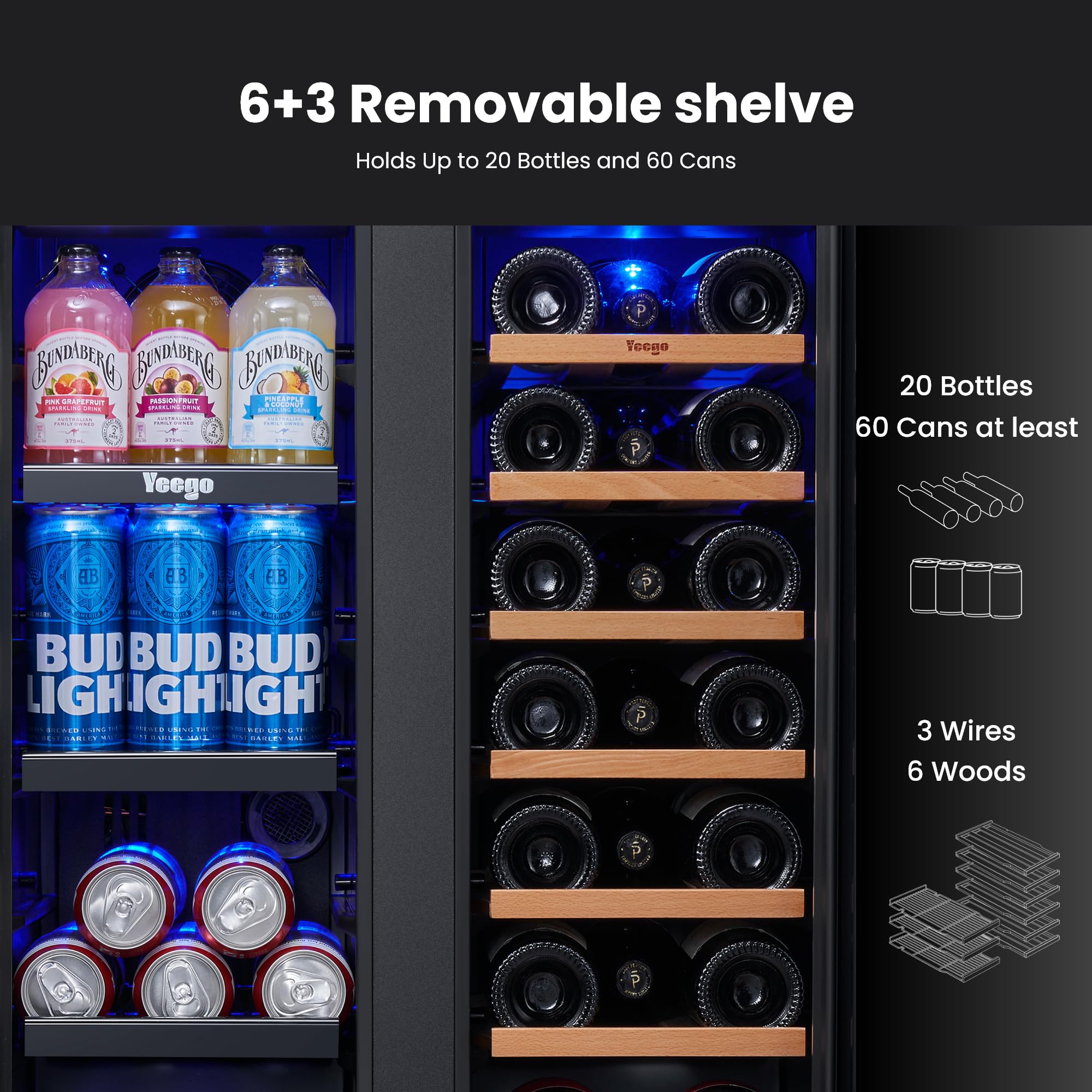 YEEGO Wine And Beverage Refrigerator, 24 Inch Dual Zone Wine Fridge, Built-In Or Freestanding Wine Cooler With Glass Doors, Under Counter Drink Fridge For Wine/Beer/Soda/Water on Fridge.com - View 2