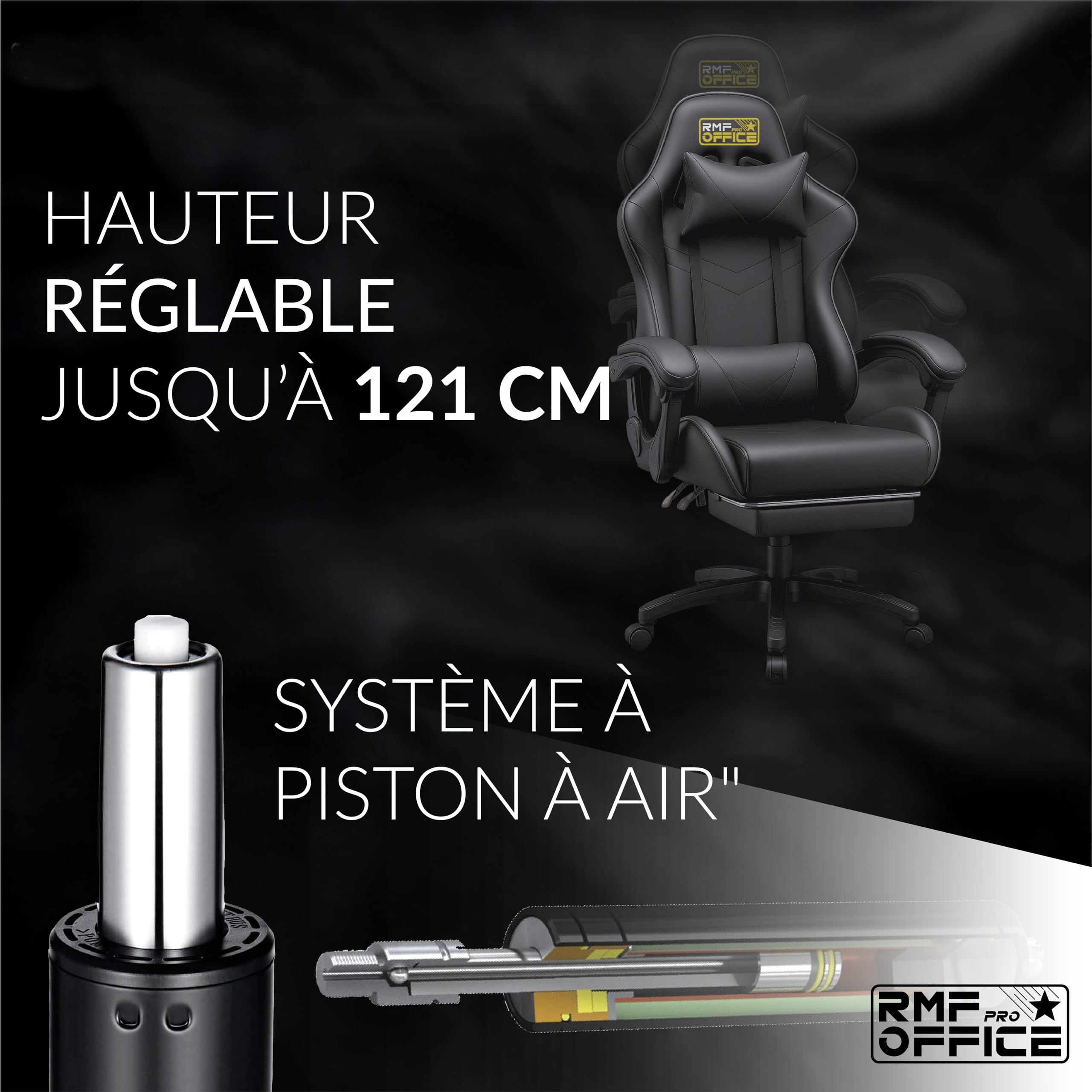 RMF Chaise Gaming Professionnelle Ergonomique Inclinable, Fauteuil Gaming Assise Confortable et Relaxante avec Repose-Pieds - Chaise pour Gamer avec Roues Pivotantes, Hauteur Réglable Noir