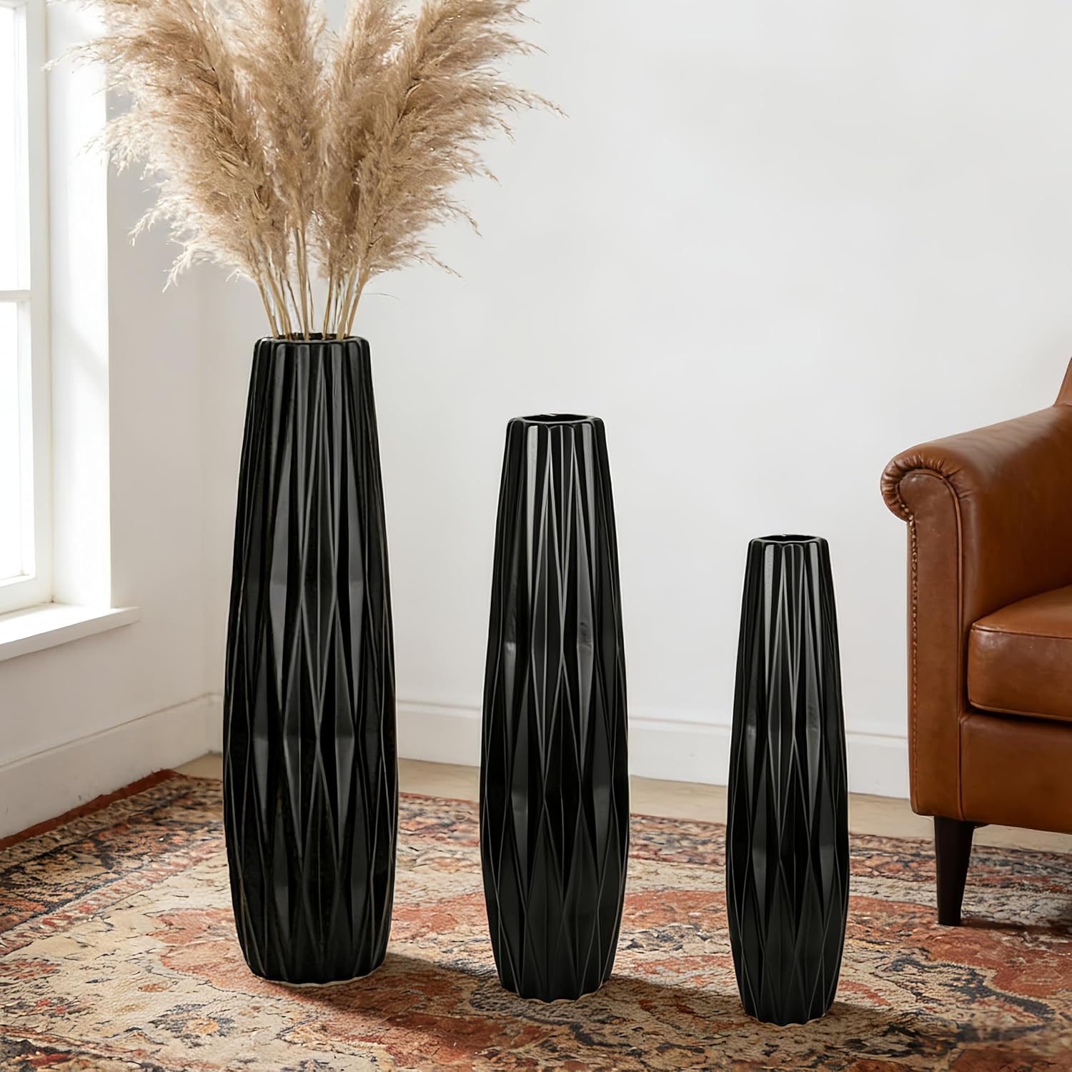 Black Matte Floor Ceramic Vase - Large 17.7 Inch Tall Decorative Modern Minimalist Style Flower Vase for Pampas Grass, Living Room, Office Centerpieces, Can Water-Holding