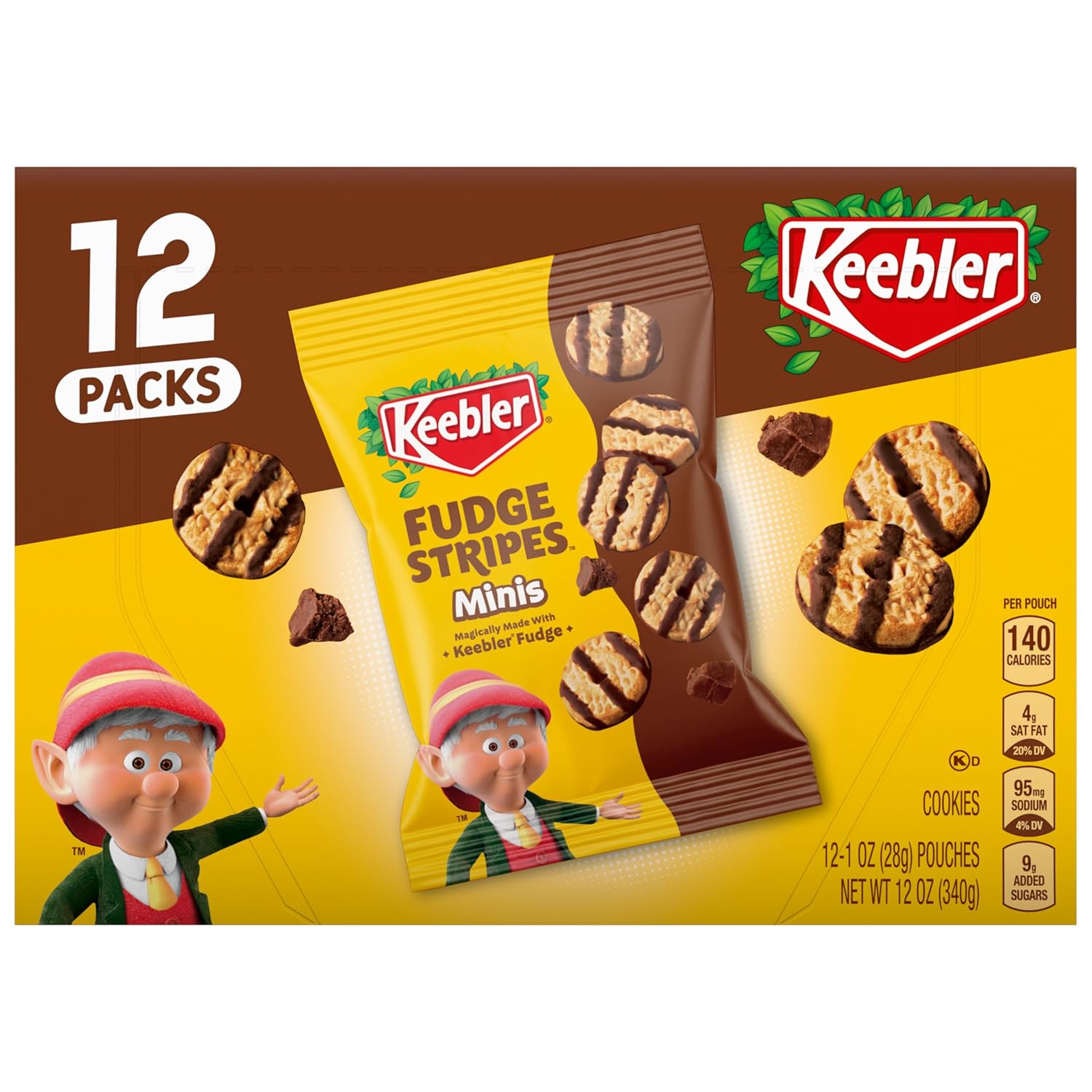 Keebler Fudge Stripes Minis, Original Shortbread Mini Cookies Coated in Keebler Fudge, 1 oz, 12 ct Fudge Stripes 12 Count (Pack of 1)