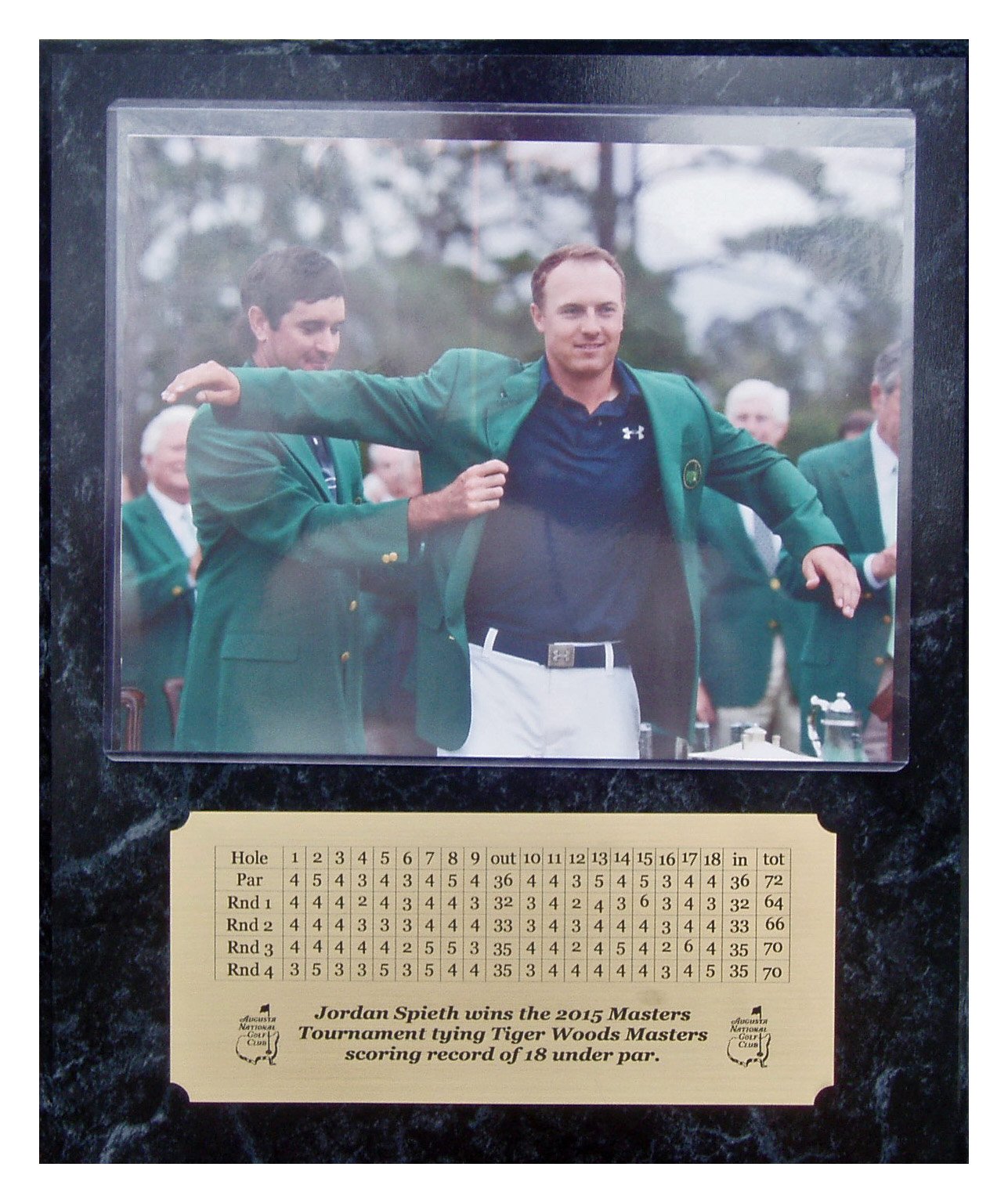 Jordan Spieth 2015 Masters Champion Receiving Green Jacket 8x10 Photo with Engraved nameplate of Jordans scorecard