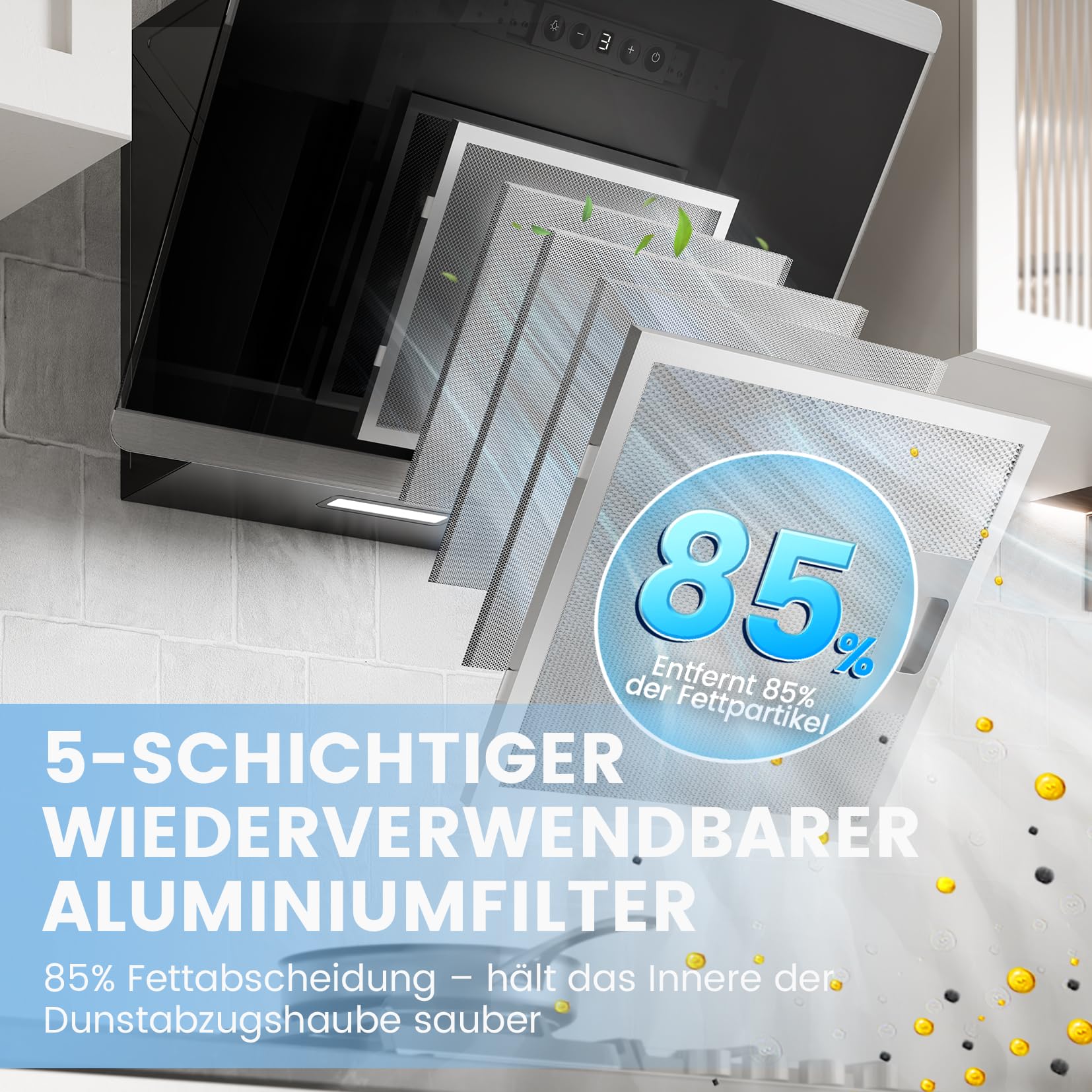 COMFEE' CH60J64ET4A2B A++ Dunstabzugshaube 60 cm Kopffreihaube Umluft Abluft 380m³/h Edelstahl Glas Touchscreen LED Kohlefilter Schwarz