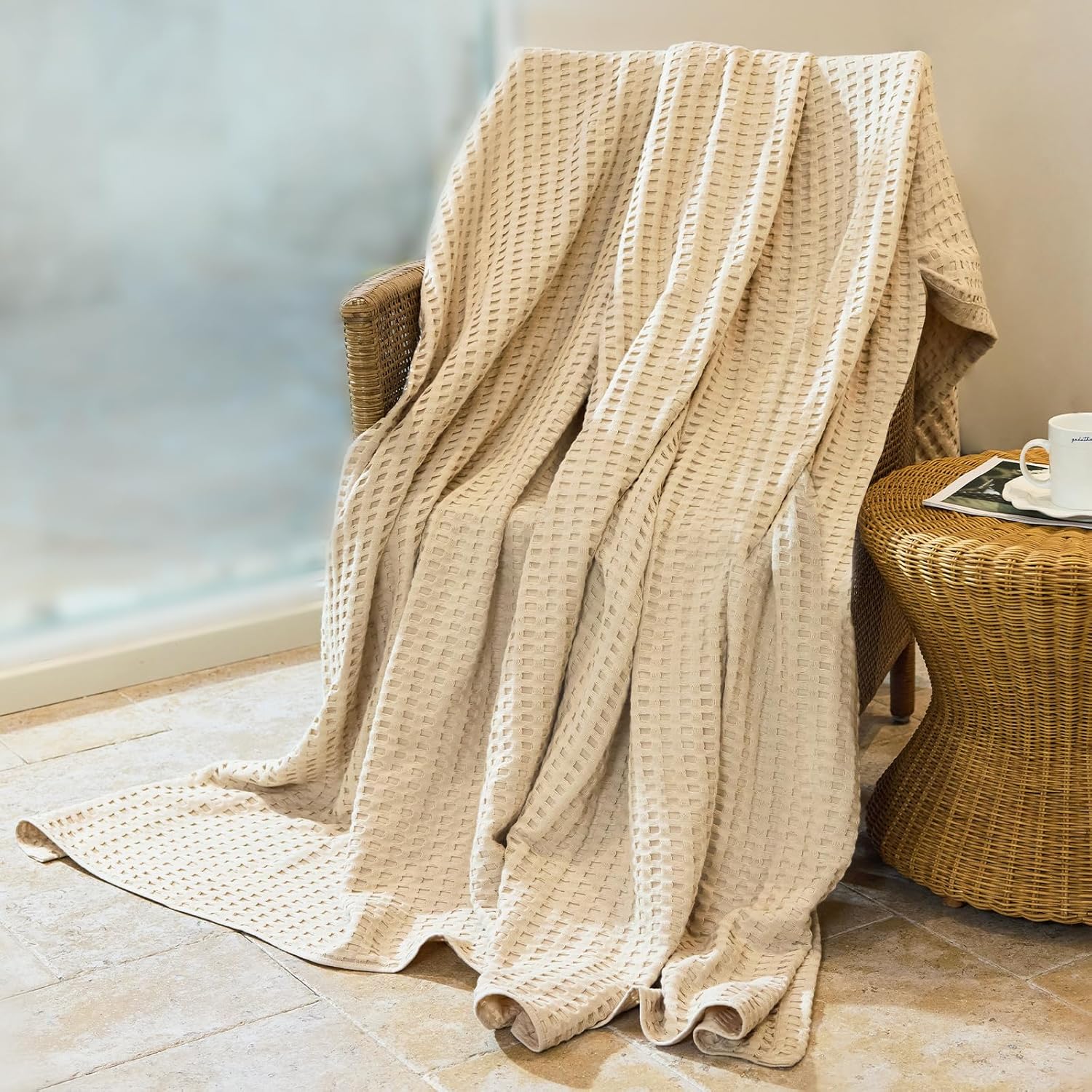 100% Cotton Waffle Weave Sofa Blanket, Lunch Break, Queen Bed, Outdoor Camping Blanket. (Apricot, 40 × 60 inches) - Image 2