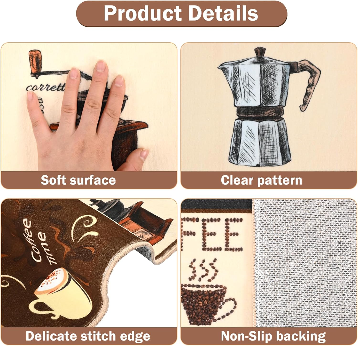 Coffee-Themed Kitchen Rug Sets 3 Piece, Washable Kitchen Mats for Floor Non Slip Durable Kitchen Floor Mat Carpet Runner Rugs for Hallway Laundry Room,Coffee Bar