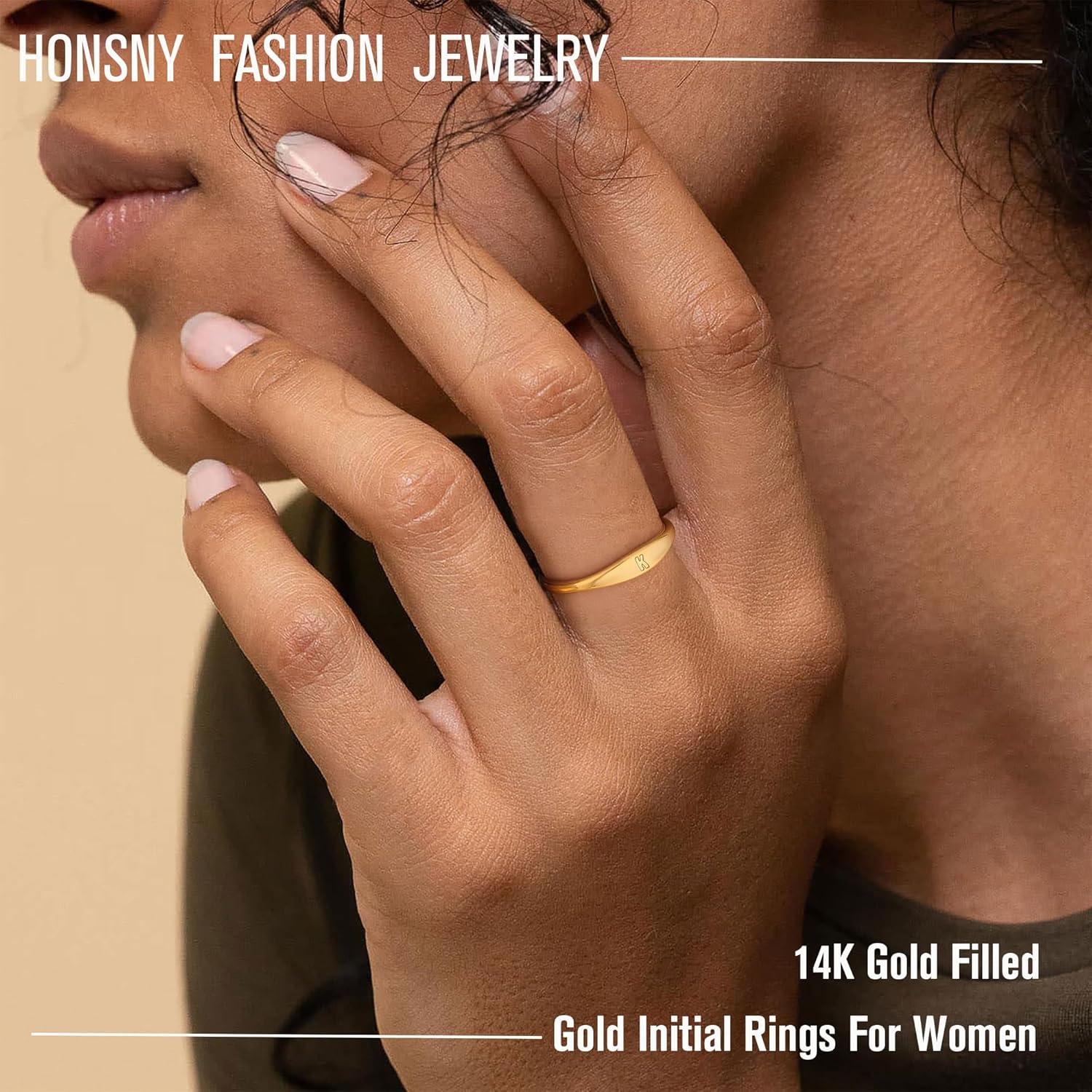 Honsny Gold Initial Rings for Women Non Tarnish Dainty 14K Gold Filled Ring Pinky Thumb Thin Bands Letter Waterproof Personalized Stackable Rings for Women Size 6-10 Jewelry Birthday Gifts - Image 2