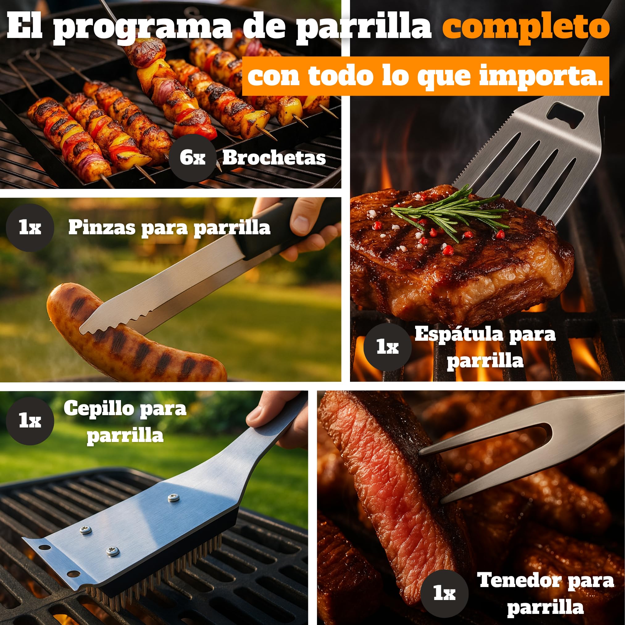 Set de Barbacoa en maletín de Madera - Utensilios Barbacoa Acero Inoxidable | Volteador 3 en 1 con abridor y filo, kit parrillero, regalo para el día del padre y navidad