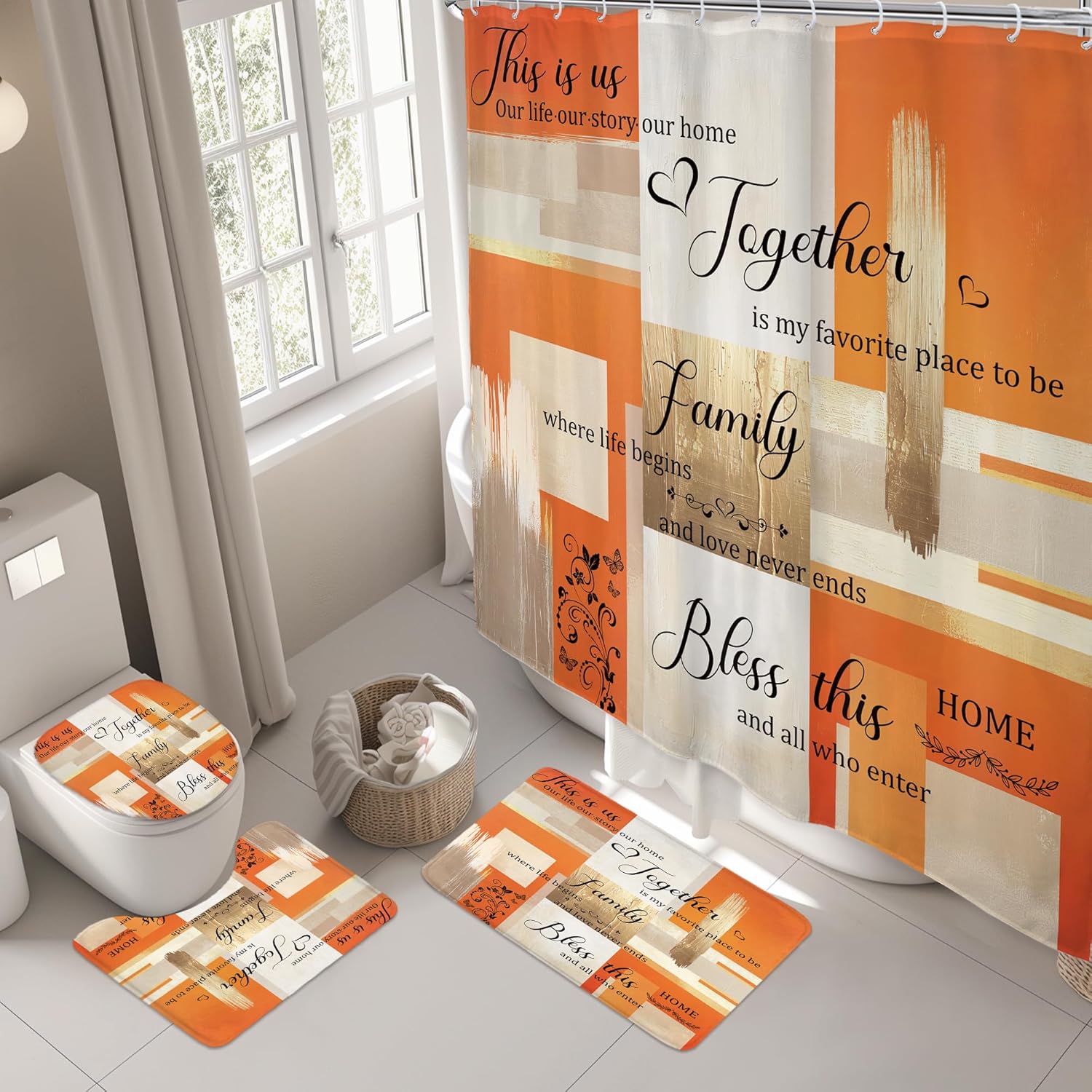 Riyidecor Beige Orange Abstract 4Pcs Bathroom Shower Curtain Sets Oil Painting Inspirational Quotes Bathroom Decor Set with Rugs and Accessories Gold Toilet Lid Rug, Contour and Bath Mat with 12 Hooks