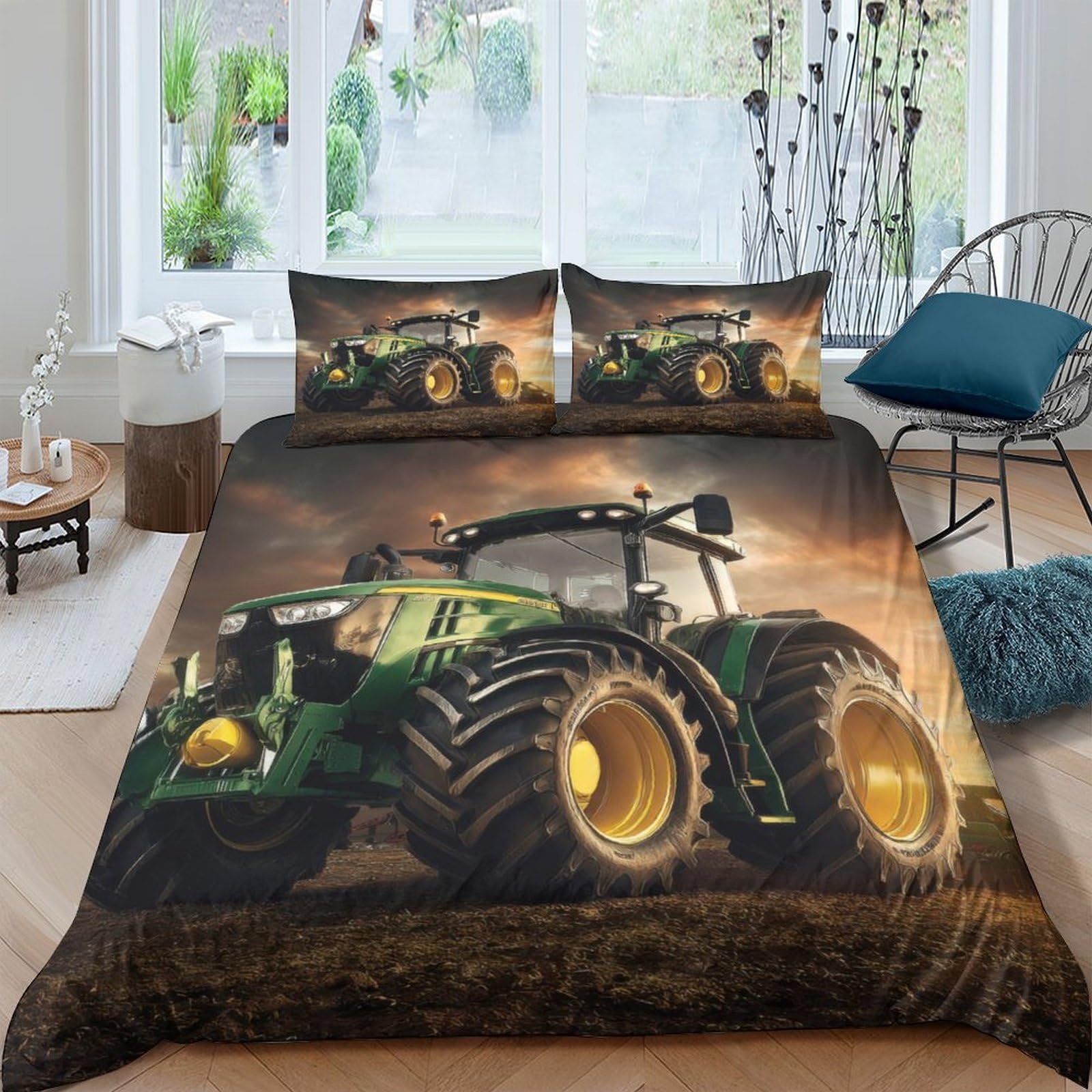 Ctjqhvkz Style-9 3D Printed Green Tractor Fitted Sheet Microfiber Non Slip Farm Machinery Bed Cover For Bedroom Decor Mattress Protection Single（135X200cm）