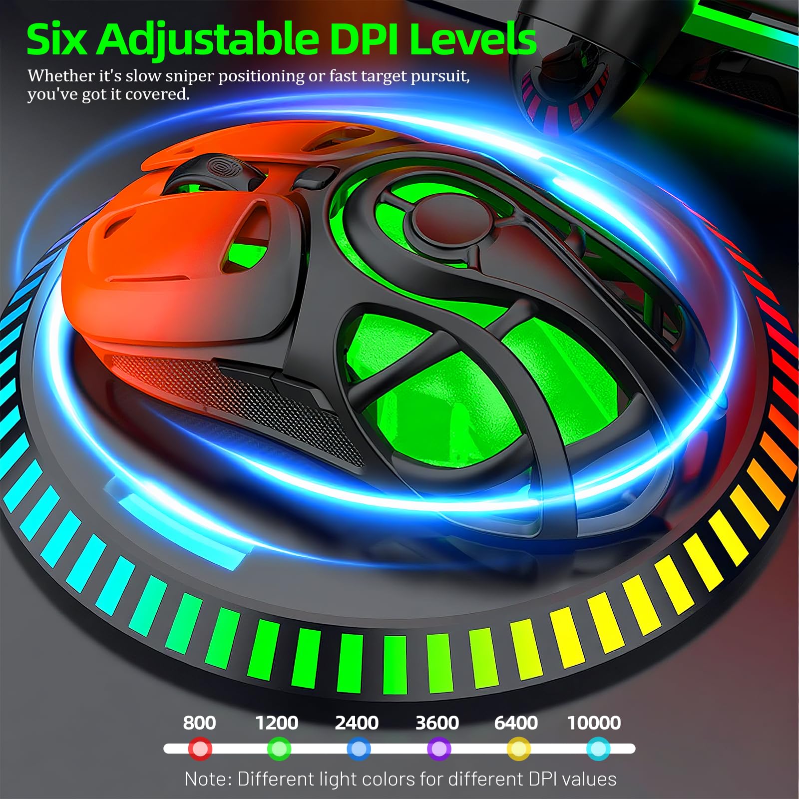 Mouse da gioco wireless fino a 10K DPI, mouse wireless Tri-Mode 2.4G/BT5.0/USB-C, 7 pulsanti programmabili, retroilluminazione RGB, mouse ergonomico ricaricabile per PC, Mac/laptop (arancione sfumato)