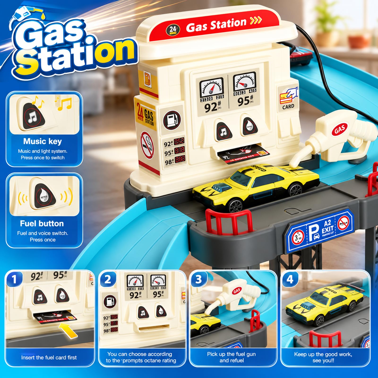 Parcheggio giocattolo per bambini con 5 livelli, seggiolino e stazione di servizio, set da gioco con 8 auto in metallo e elicottero, garage per auto con piazza di atterraggio per elicotteri per