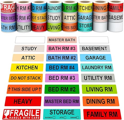 Misofuki Etiquetas para Mudanza para Cajas Codificadas por Color 4 Dormitorios 1440 Piezas 2,5 x 11,4 cm, 24 Rollos de Etiquetas Adhesivas para