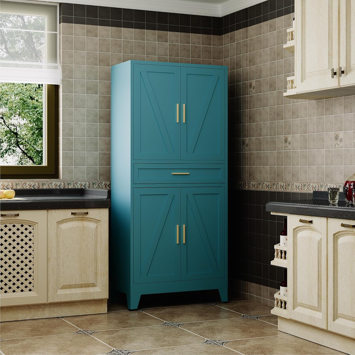 QINPTWUT 71" Farmhouse Pantry Cabinet in Blue, with 4 Doors & Center Drawer, Tall Food Cabinet with Adjustable Shelves, Freestanding Steel Cupboard for Kitchen, Dining Room, Pantry, Garage