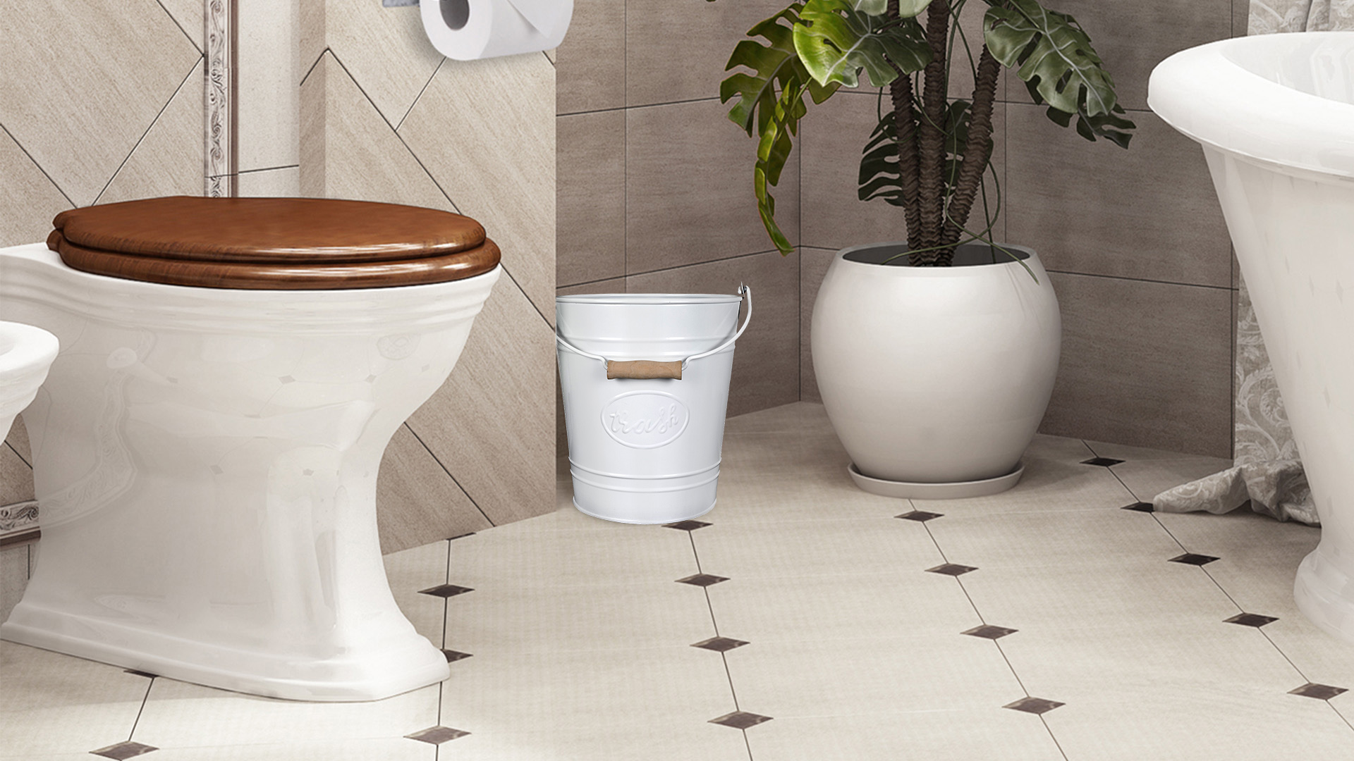 Image of Autumn Alley Farmhouse Bathroom Trash Can - White Trash Can Bucket with Wooden Handle for Rustic Bathroom, Bedroom, Office, Kitchen, Country Home Decor, 7 Liter, White