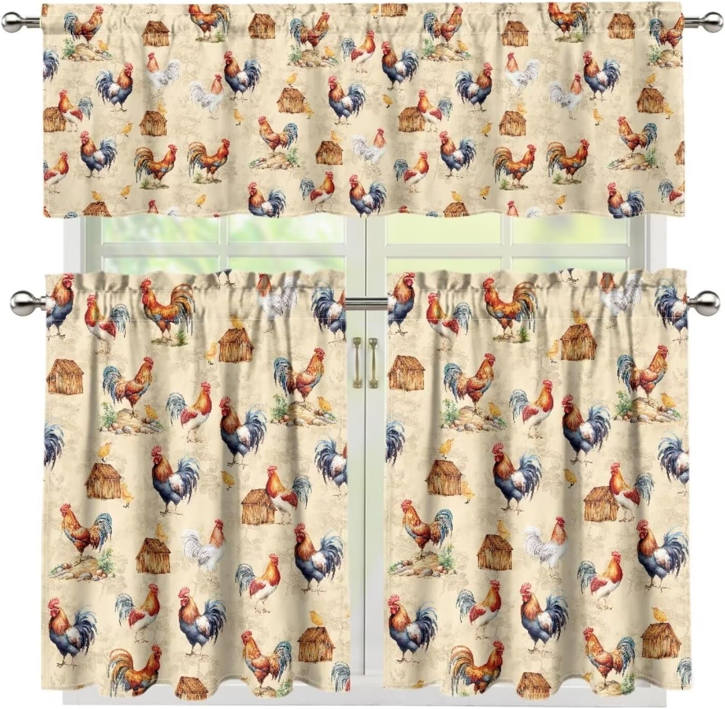 Rooster 3Pcs Set Curtains Valances for Windows Short Bathroom Curtains House Print Blackout Curtain Set Small Kitchen Window Curtain with Valance