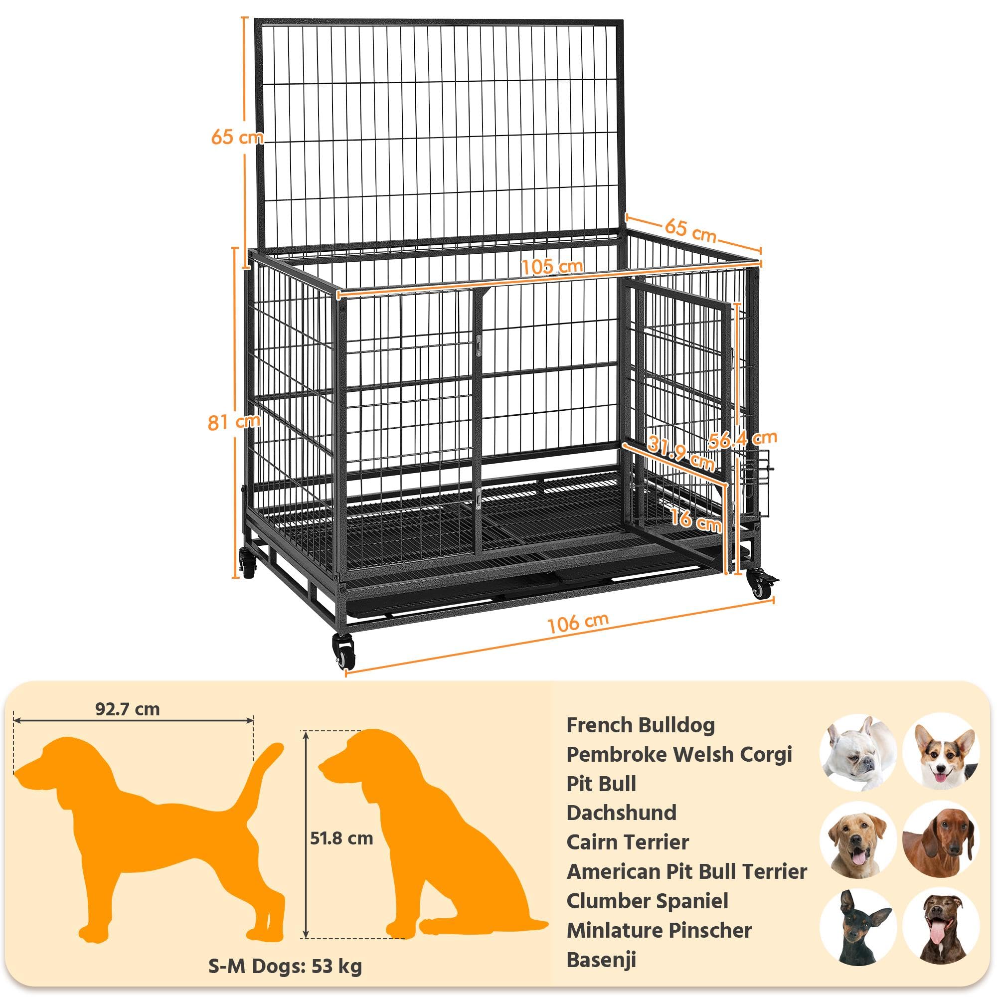 Yaheetech Gabbia per Cani Kennel Pieghevole 106 x 65 x 81 cm in Metallo Grande Tetto Apribile Medio con Ruote e Chiavistello Due Vassoi Rimovibili Sportello Nero