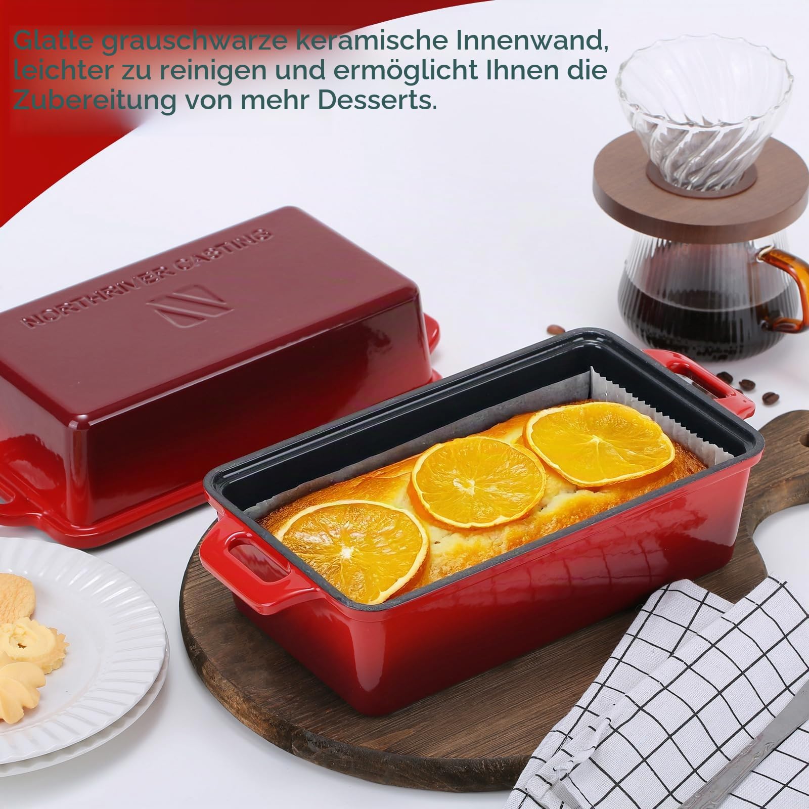Northriver Casting Brotbackform aus emailliertem Gusseisen, 22,9 x 12,7 cm, perfekte Sauerteig-Backformen, gleichmäßige Wärmeverteilung für hausgemachtes Brot, Kuchen, Hackbraten, 2-teiliges Set, rot