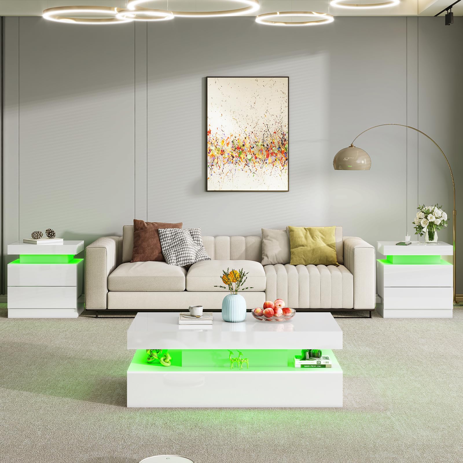 LUXOAK Juego de 2 mesitas de noche brillantes con LED y estación de carga, modernos armarios de noche con 2 cajones, mesa auxiliar blanca para dormitorio y salón, 58 x 40 x 35 cm