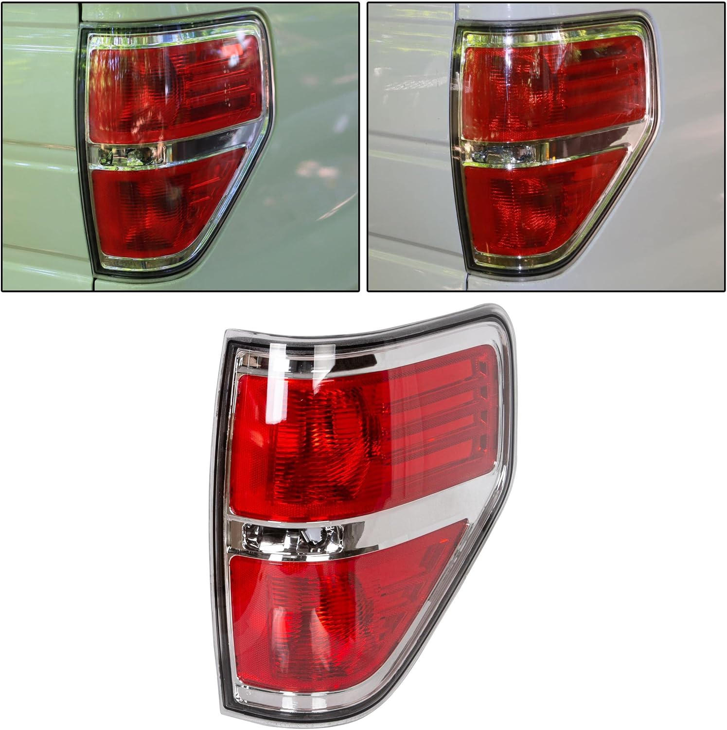 ECOTRIC Passenger Side Tail Lights Brake Lamps Taillight Red Clear Lens Chrome Housing Trim Compatible with 2009-2014 Ford F150 F-150 Styleside Pickup Truck