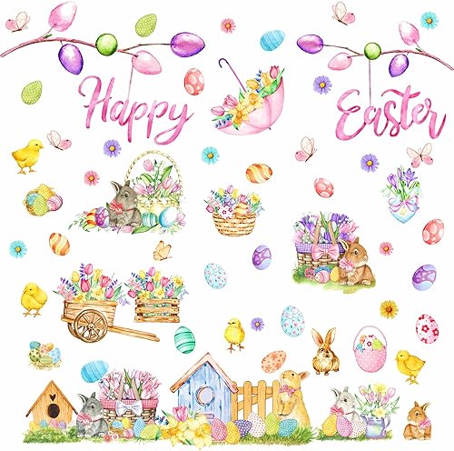 Miniatura 9 de Pegatinas de pared de huevo de Pascua, calcomanías de pared extraíbles de conejo de Pascua, divertidas calcomanías de pared de ramas de árbol de