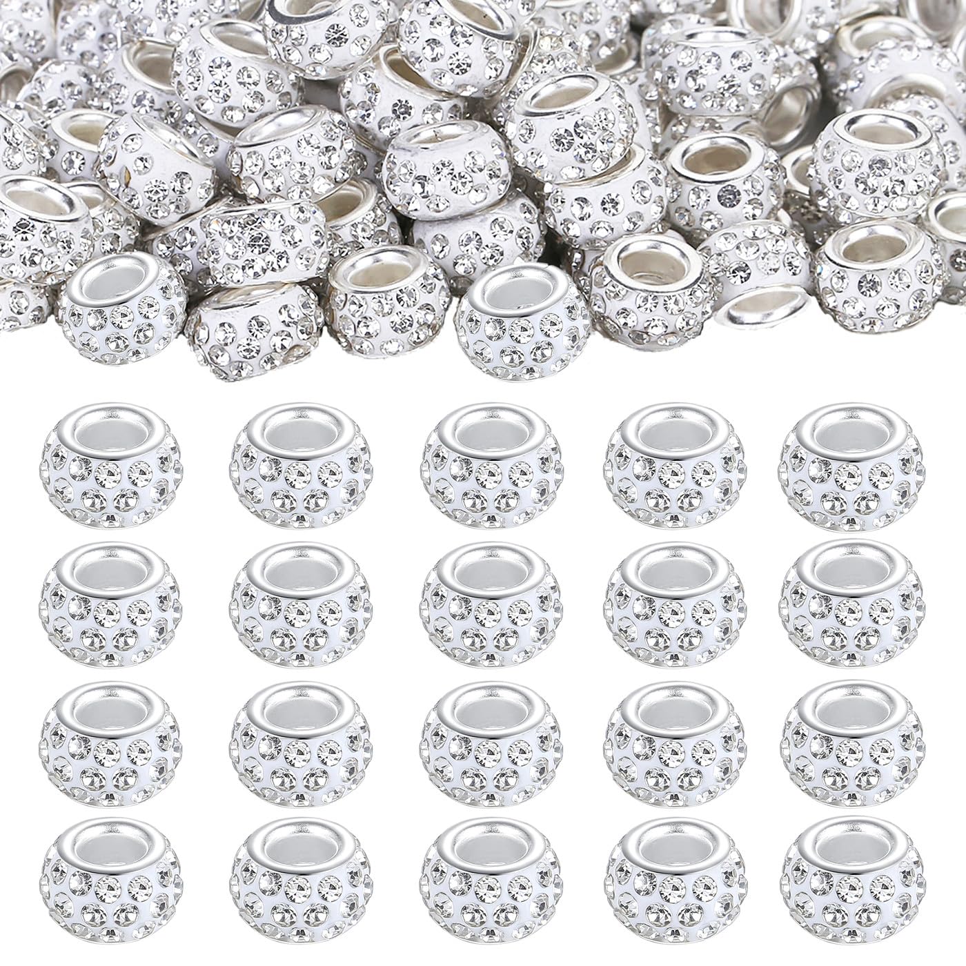 NUKAYAI 120Pcs 12mm Large Hole Beads Rhinestone European Beads for Bracelet Jewelry Making Diamond Glitter Chain Supplies Crafts Charm Snake Crystal