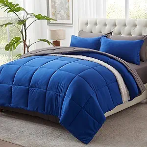 Anluoer Queen Comforter Set 7 Piece, Navy and Grey Bed in a Bag with Sheets, All Season Bedding Comforter Sets with 1 Comforter, 2 Pillow Shams, 2 Pillowcases, 1 Flat Sheet,1 Fitted Sheet