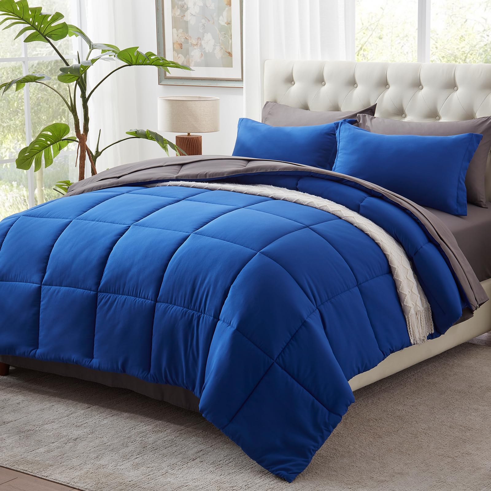 Anluoer King Size Bed in a Bag 7 Pieces, Navy Comforter Set with Comforter and Sheets, All Season Bedding Sets with 1 Comforter, 2 Pillow Shams, 2 Pillowcases, 1 Flat Sheet, 1 Fitted Sheet