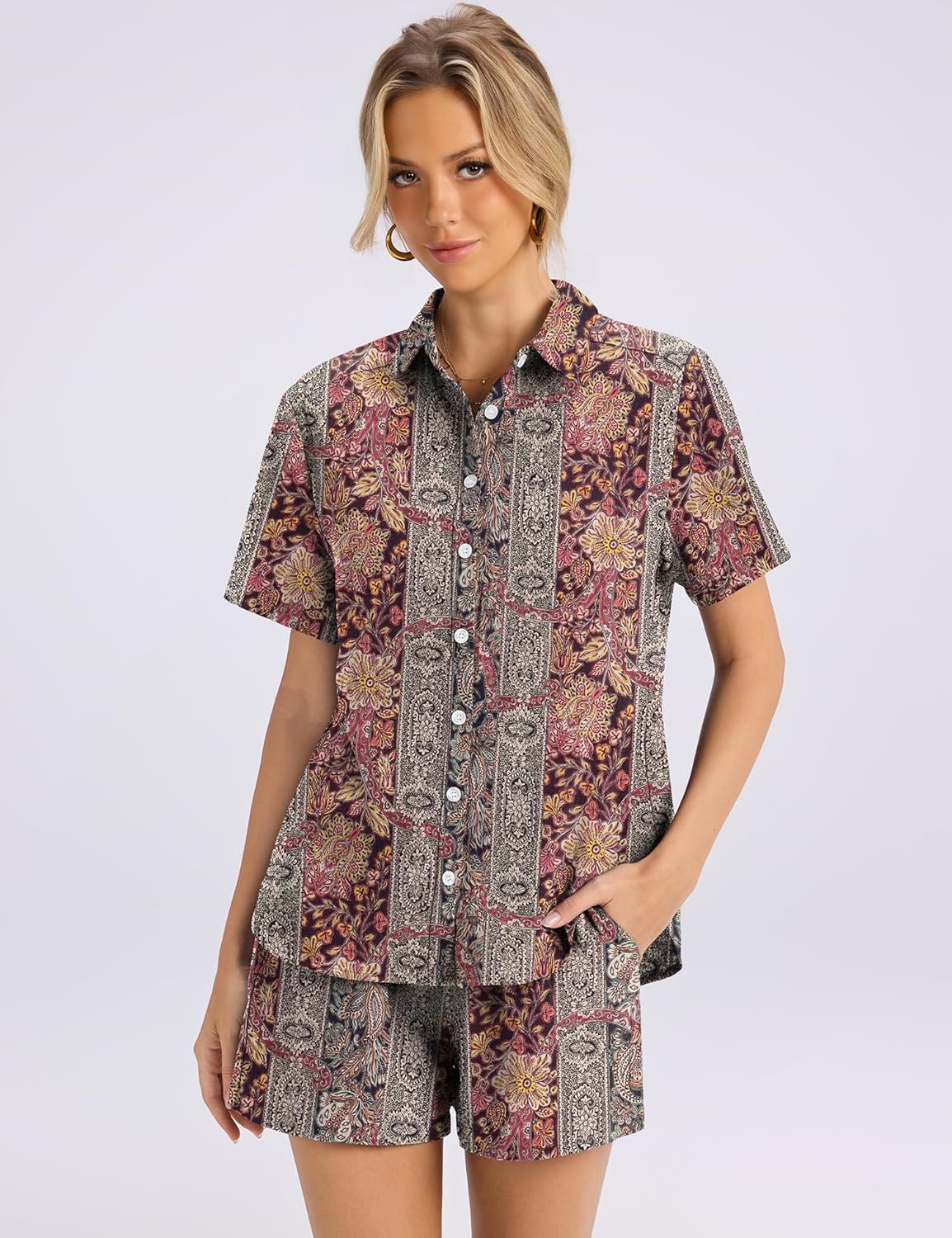 Rapbin Women's 2 Piece Summer Outfits Button Down Short Sleeve Shirt Set, Suitable for Office, Travel & Shopping Black - Image 4