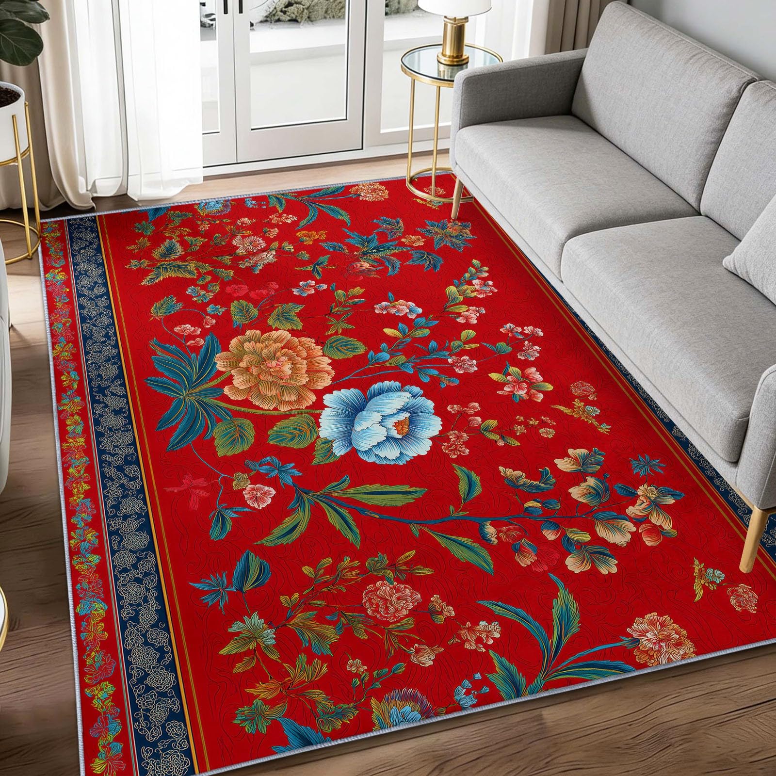 Zmywalny antypoślizgowy czerwony dywan do jadalni, dekoracyjne dywany flanelowe do salonu 180 x 240 cm - retro chińskie kwiatowe liście dywan dla dzieci chłopców dziewcząt dorosłych sypialnia