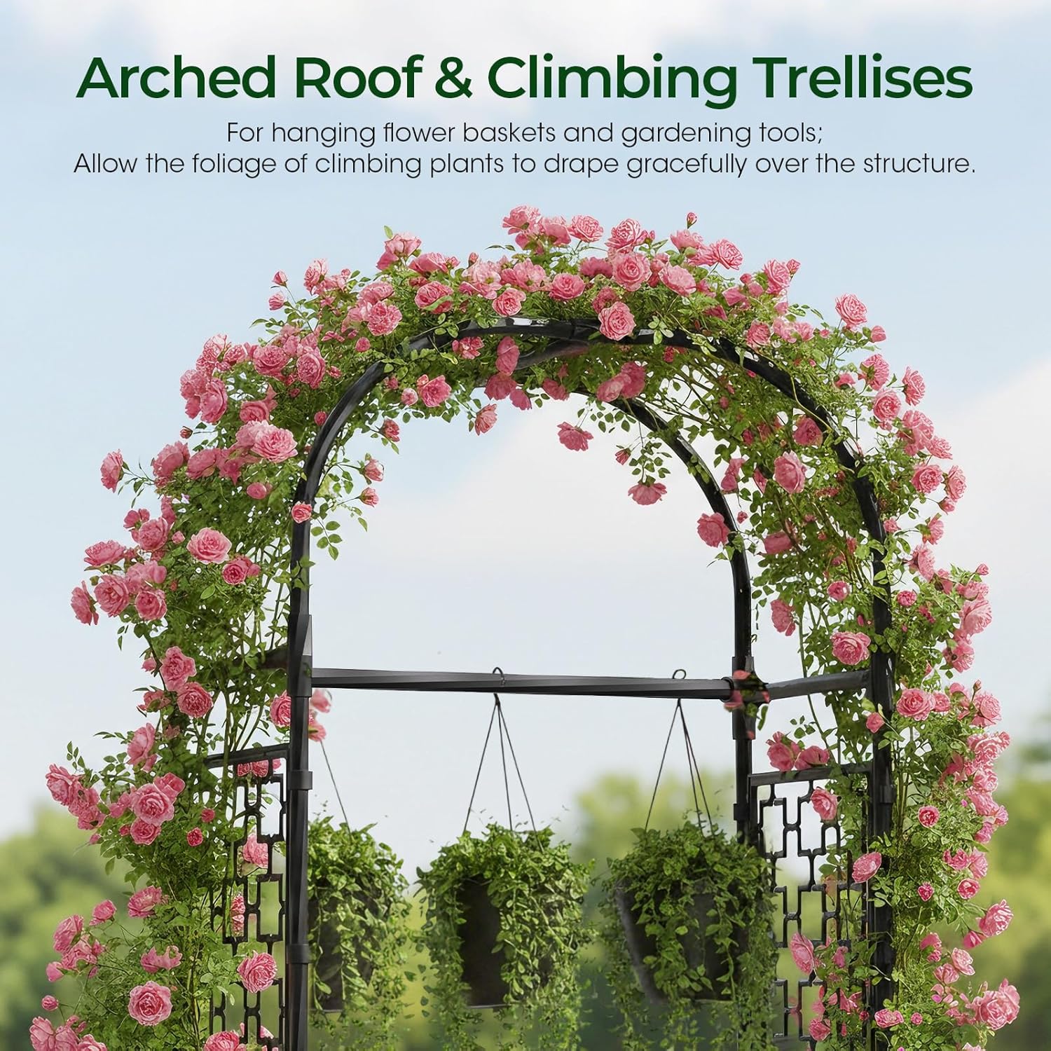 71" H Raised Garden Bed with Arch Trellis for Vine Climbing Plants,3 in 1 Planter Box with Trellis,Hanging Roof,Drainage Holes & Metal Storage Rack for Gardening Flowers Vegetables Fruit,Black