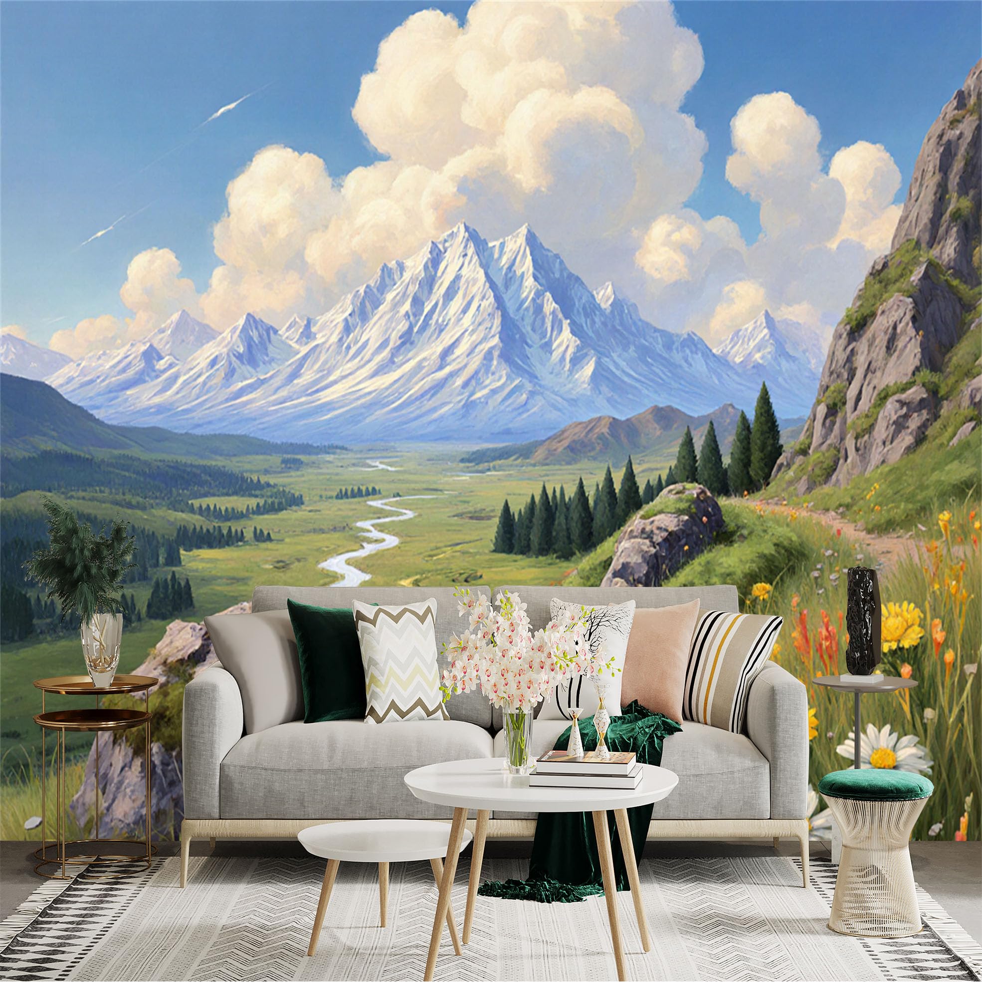 Custom Size Wall Sticker Mural， Snowy Mountains with River Valley， Meadow Flowers and Blue Sky， for wall Decoration， peelandstick wall Decals.