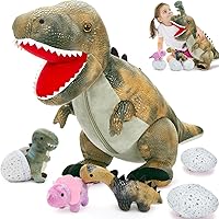 Vista 19 de MorisMos - Animal de peluche de dinosaurio con bebés, mamá dino T-rex de 23.6 pulgadas con 3 juguetes de peluche de bebé dino y 3 huevos de peluche