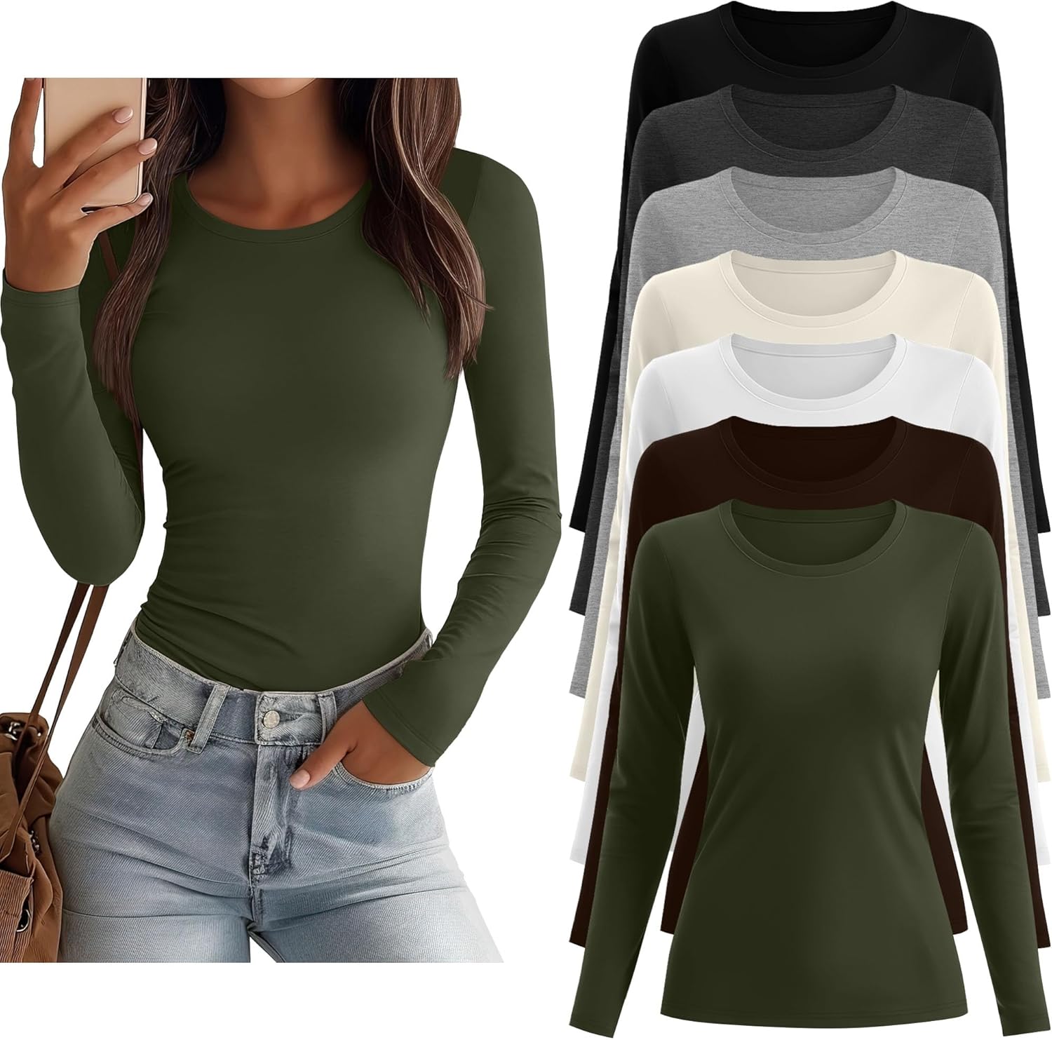 7 Pcs Women's Long Sleeve Tops Crew Neck Slim Fit Shirts Basic Going Out Tight Tees