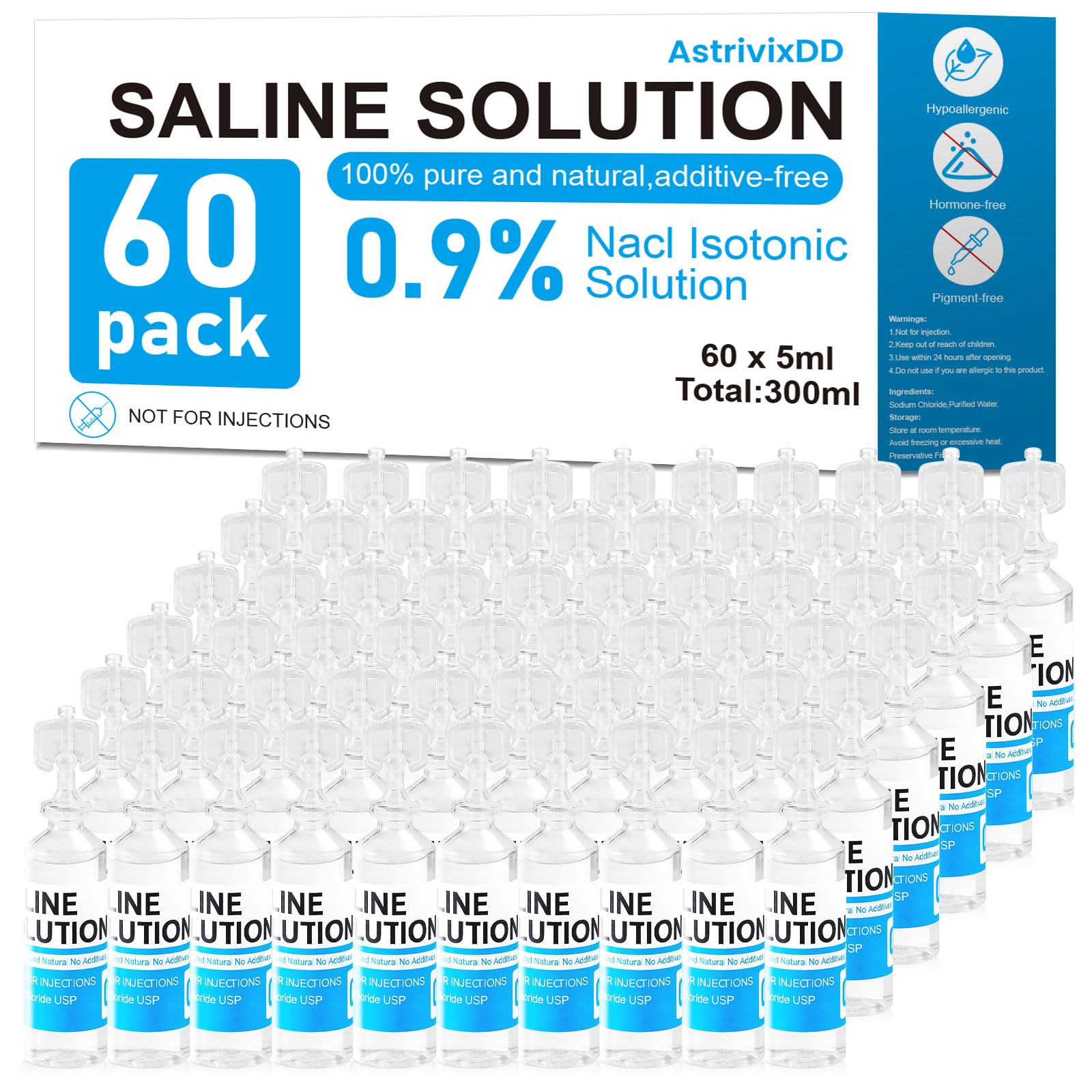 60 Pack 0.9% Saline Solution, Normal Solution for All Ages, Total 300ml