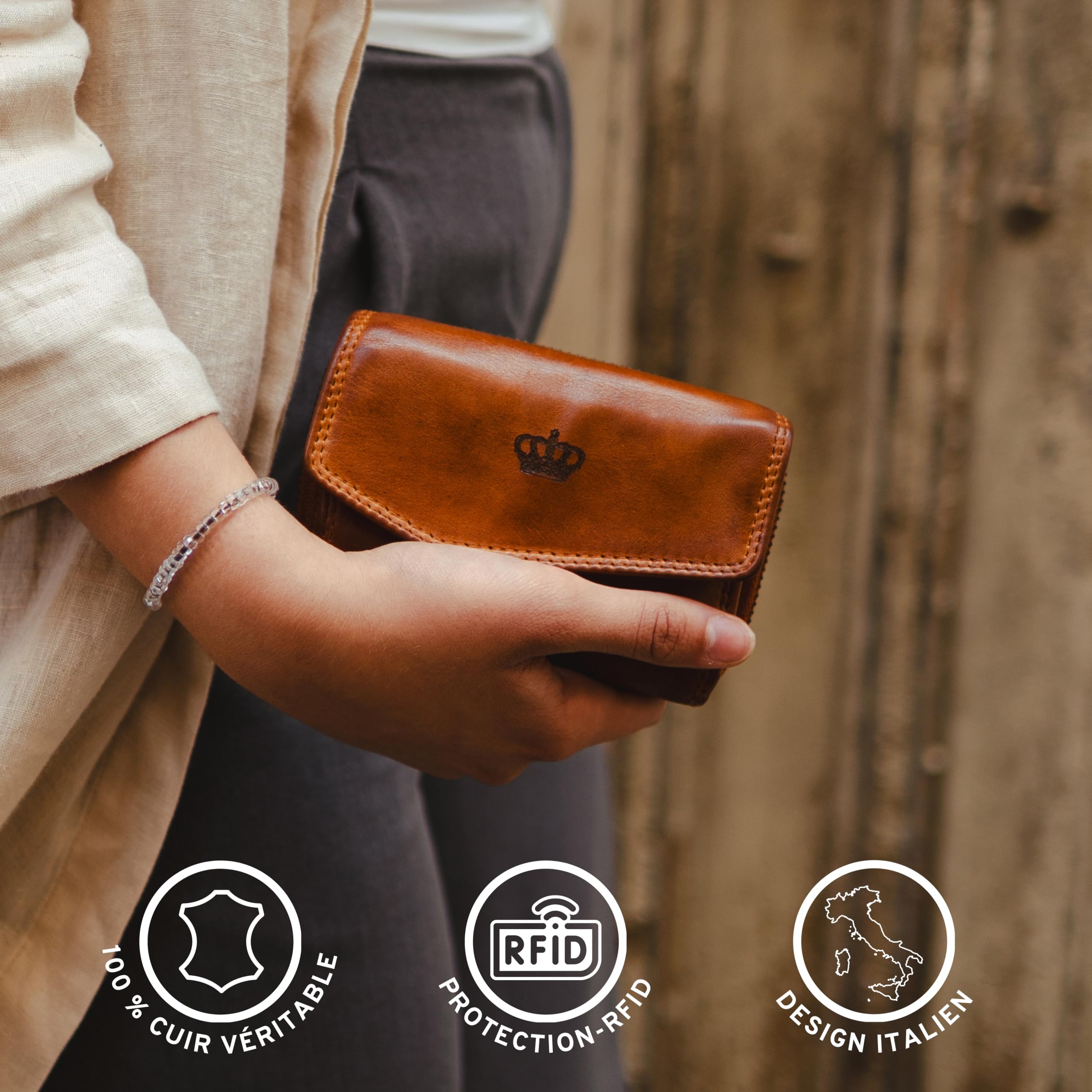 Baur Portefeuille Femme Cuir lavé Extra Doux – Porte-Monnaie Style Used avec RFID – Petit Portefeuille avec Nombreux Compartiments Cartes et Poche à pièces zippée métal (Cognac)