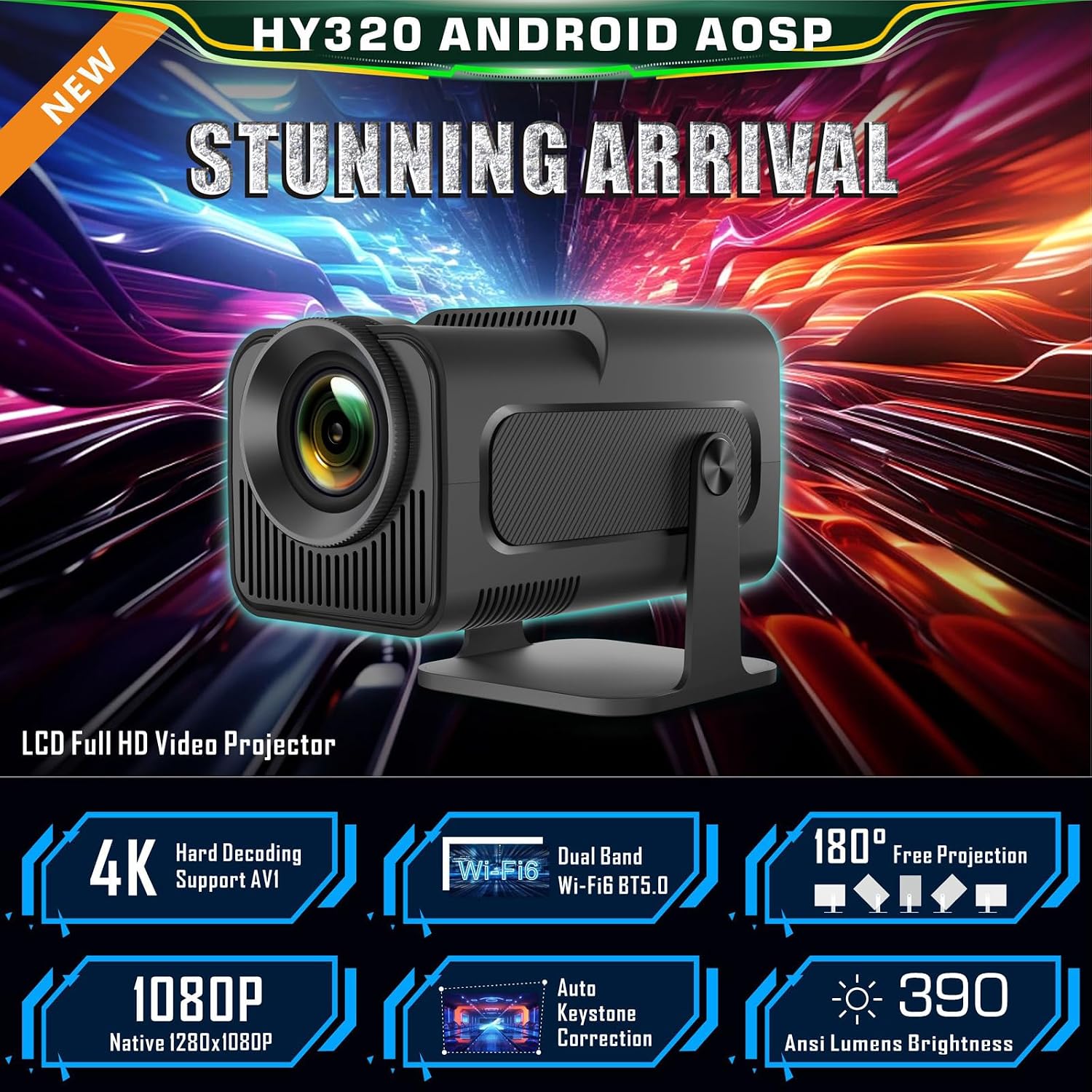 Magcubic HY320 smart projetor keystone automático portátil, suporte para projetor inteligente FHD 1080P 10000 lúmens com WiFi 6, BT 5.0, rotação de 180 graus, Android 11.0 integrado Magcubic HY320 smart projetor keystone automático portátil, suporte para projetor inteligente FHD 1080P 10000 lúmens com WiFi 6, BT 5.0, rotação de 180 graus, Android 11.0 integrado