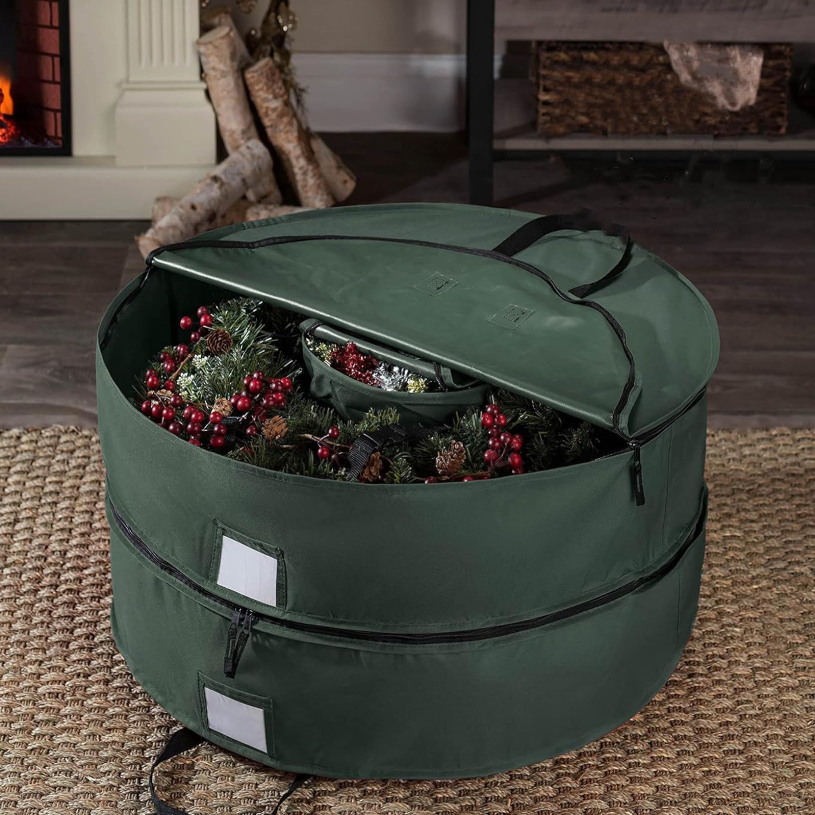 Borsa porta ghirlande Contenitore porta ghirlande natalizie rotondo a doppio strato con manico e doppia cerniera Impermeabile 600D 30 pollici Verde