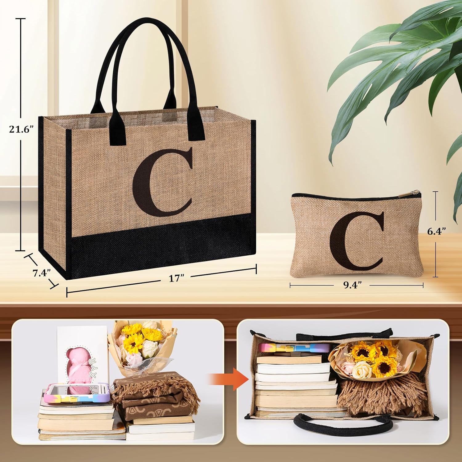 Initial Jute Tote Bag & Makeup Bag, Birthday Gifts for Women Her Mom Teachers Friends - Image 6