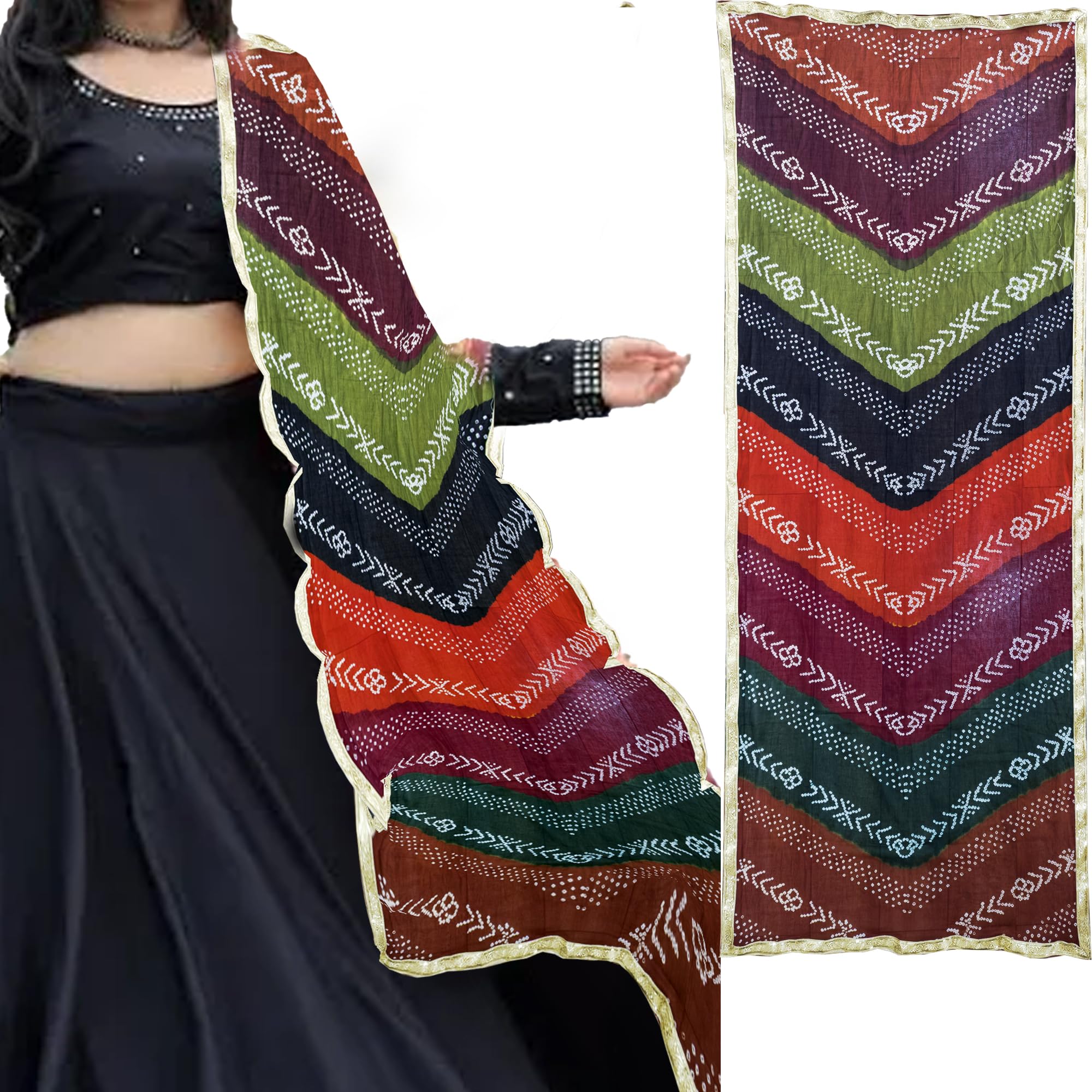 Traditional Seven-Color Cotton-Mal Bandhani Dupatta for Women & Girls – Ideal for Chaniya Choli, Dresses, Navratri, Diwali, Weddings & Festive Celebrations