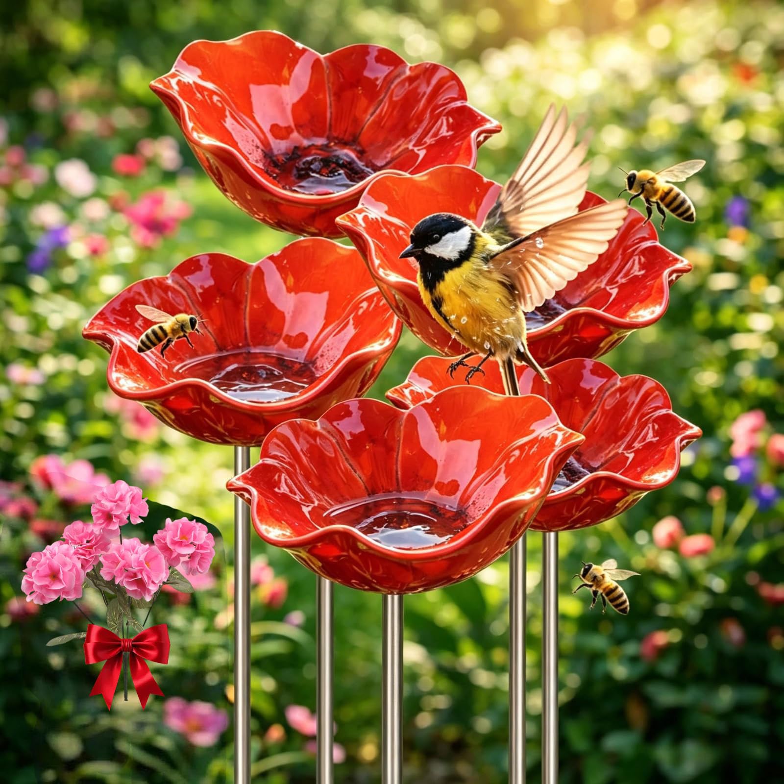 2026 New Metal Flowers for Garden, Dual-Function Metal Flower Stakes, Bee Watering Station, Provides A Safe Drinking Spot for Bees,Bird And Butterflies, Yard Lawn Patio Landscape Decor (5PCS-Red)