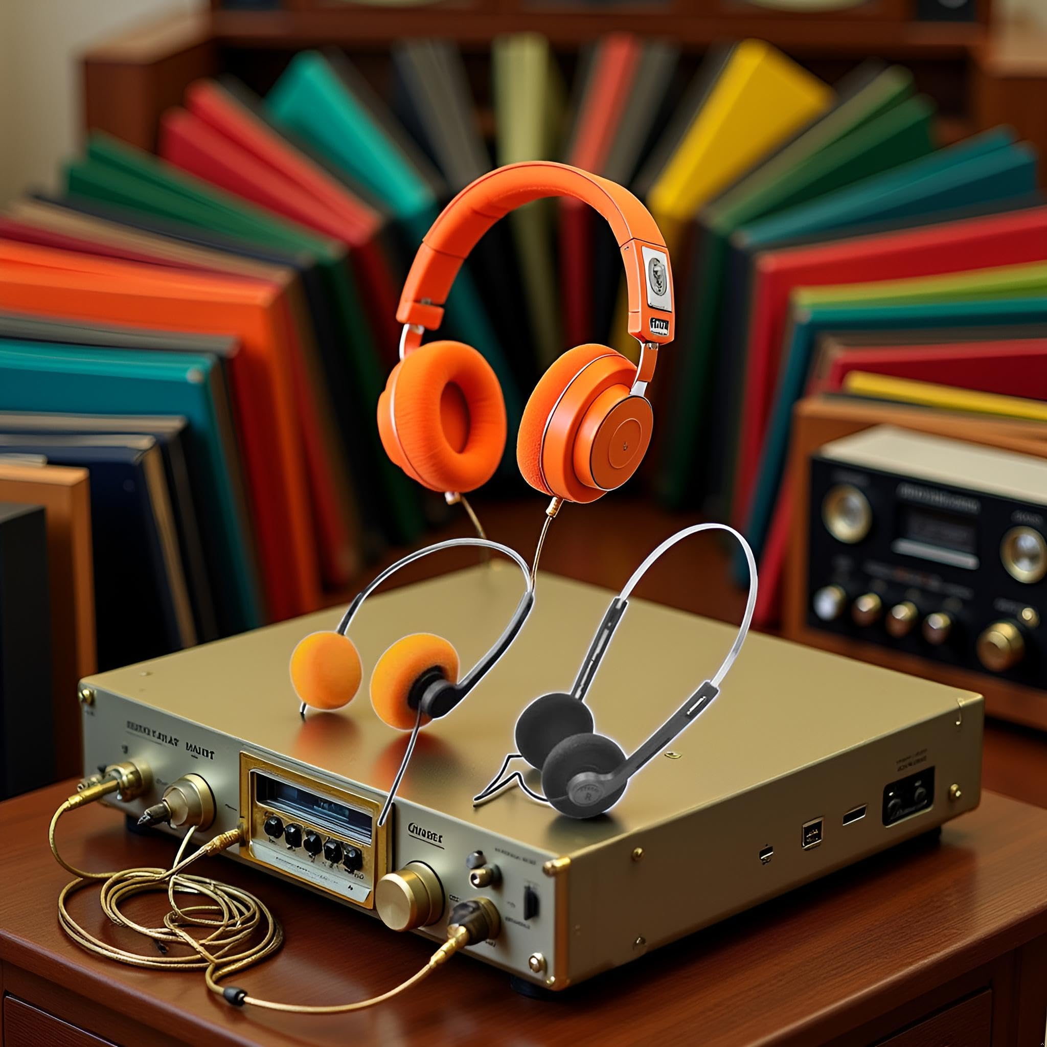 2 auriculares retro en la oreja naranja y negro, auriculares estéreo con cable, auriculares portátiles ligeros con diadema ajustable, reproductor de cassette, sobre la oreja