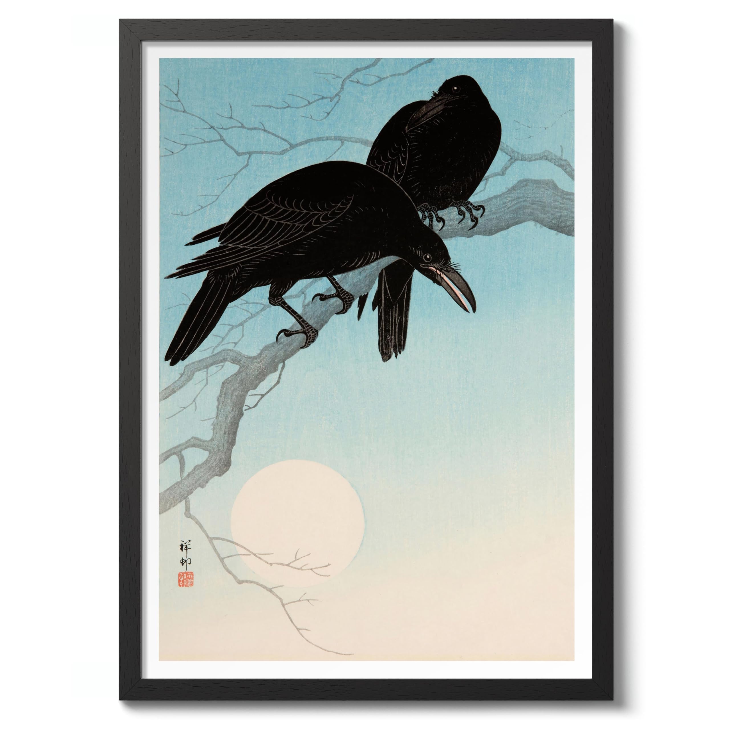 Crows In Moonlight Ohara Koson Poster, Japanese Woodblock Ukiyo-E Print, Vintage Bird Art Picture Animal Painting Wall Art Exhibition, Japan Birds Home Decor, A4 (Black Frame) - 32.7x24.1cm