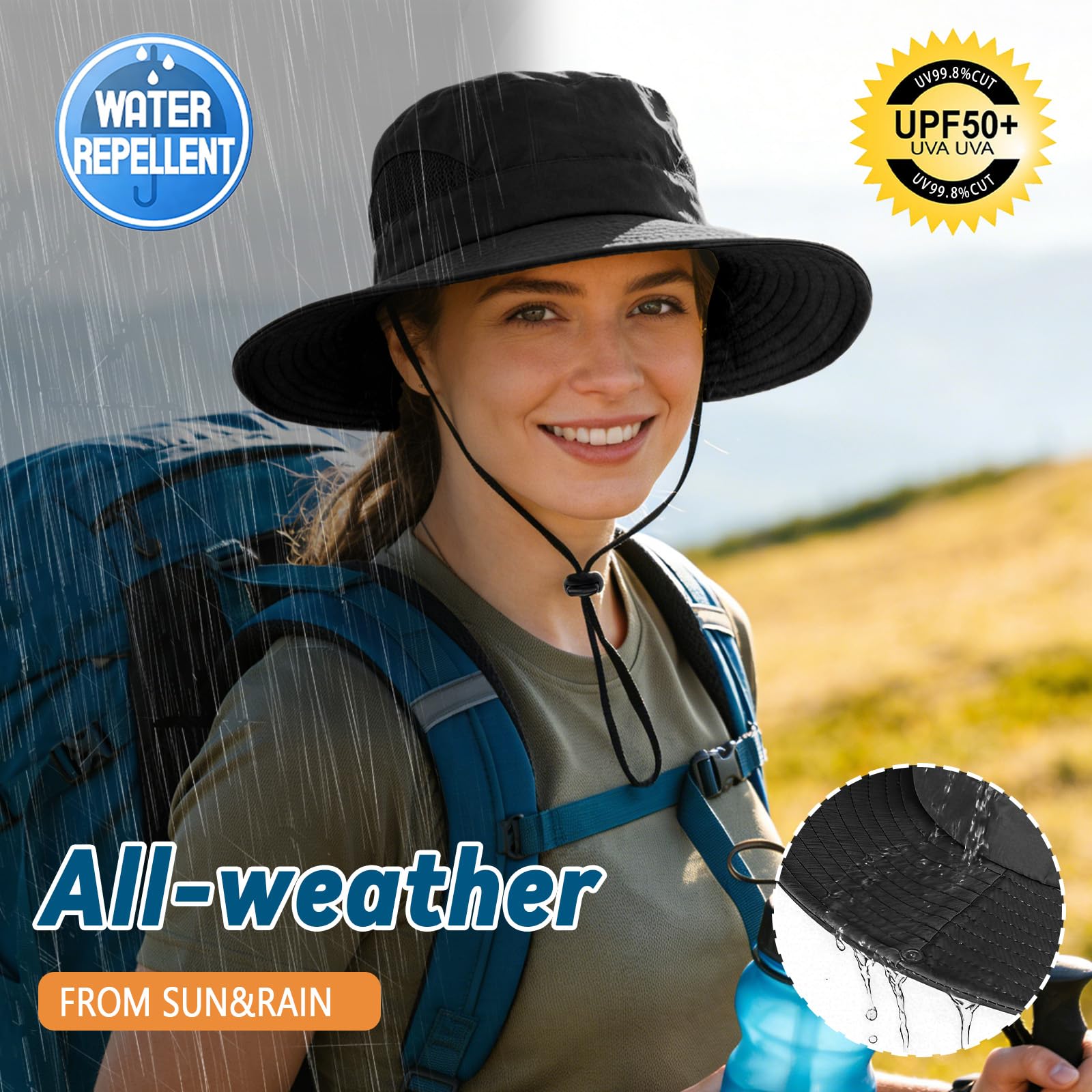 ZOORON Sombreros de Sol para Hombres y Mujeres, Sombreros de ala Ancha, protección UV, UPF50+, Impermeables, para Pesca, Senderismo, Campamento (Paquete de 2, Negro y Gris Claro), Paquete de 2, Negro